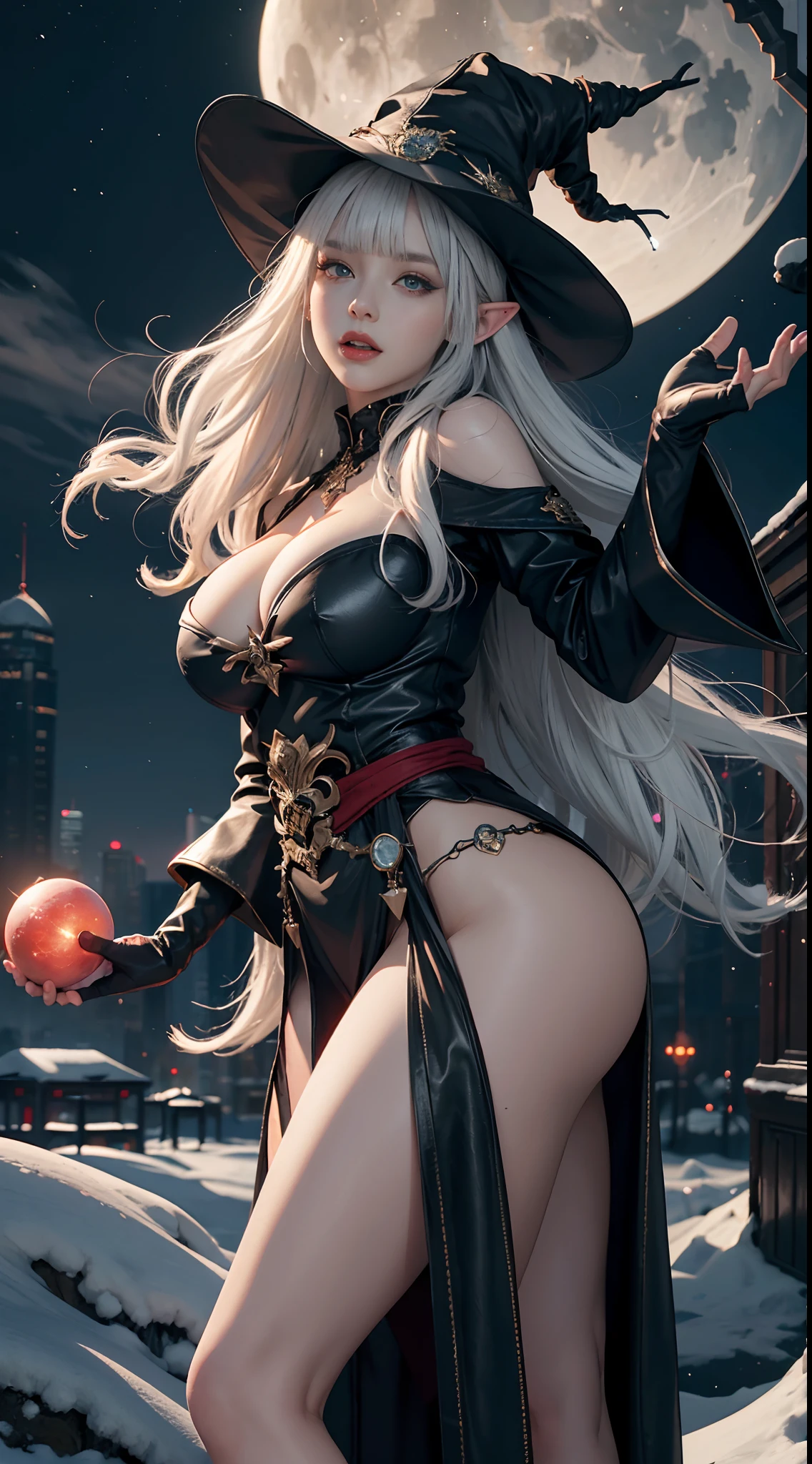 {masterpiece}, best quality, masterpiece,best quality,official art,extremely detailed CG unity 8k wallpaper,cityscape,at night,in winter,snow, game_cg, girl, elf,wizard, mature female, gigantic breasts,wide hips,slim waist,cameltoe,miko, white hair, blunt bangs,laughing, aqua eyes, makeup , red eyeshadow, large breasts,holding Prophecy Magic Ball,gloves, wizard hat,drill hair,see-through clothing,((black wizard outfit)),red full-moon,Magic energy surrounds her,dark persona,fair skin,bubble butt,red pupil