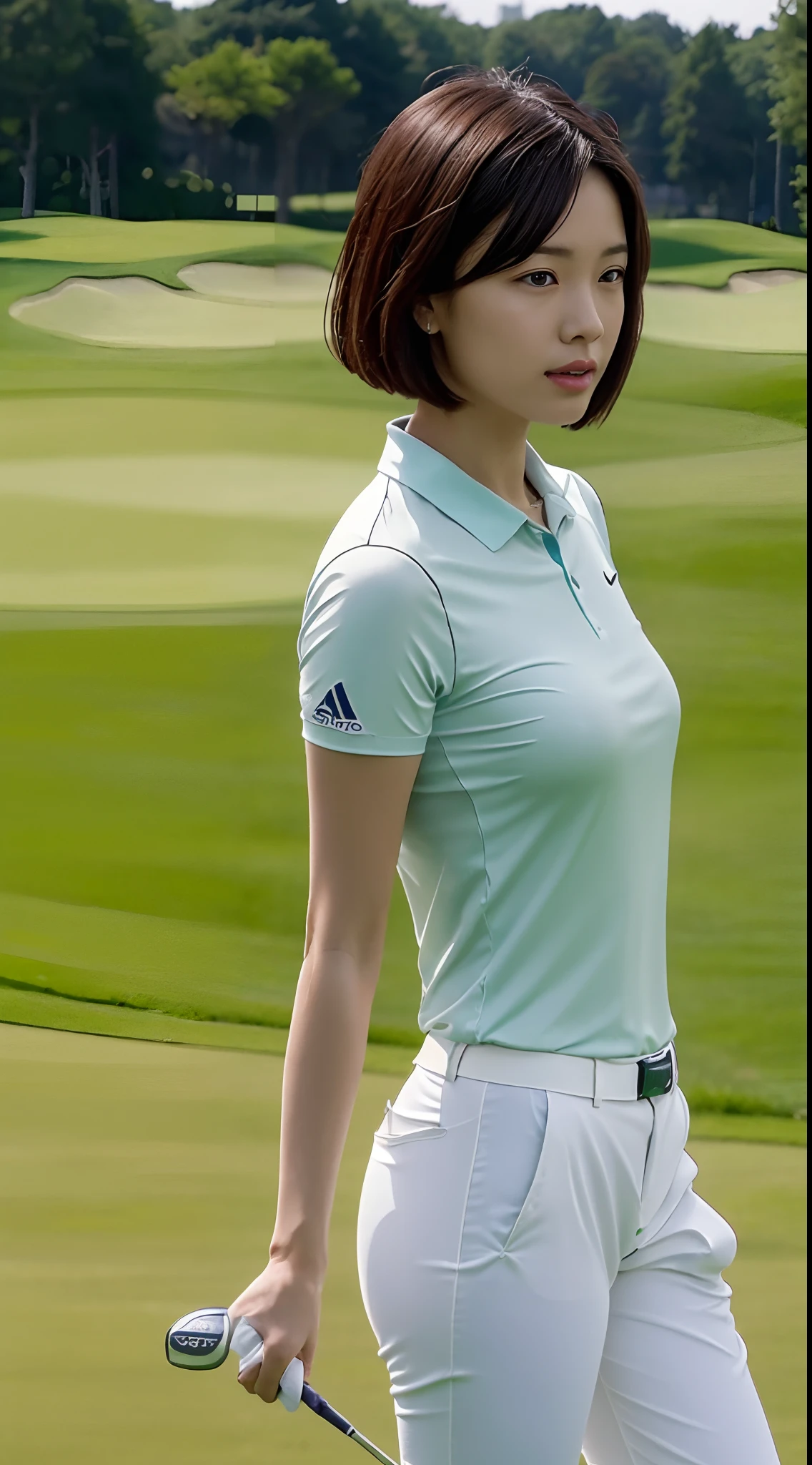 (masutepiece:1.3), (8K, Photorealistic, Raw photography, Best Quality: 1.4), (Lifelike face), (short-cut:1.3), Realistic eyes, (realskin), Beautiful skin, Ultra high definition, Hyper-realistic, hight resolution, Beautiful Japan Woman、(Golf Wear:1.4)、(Tight pants:1.2)、(Sexy ass:1.5)、posterior view、walk:1.5、