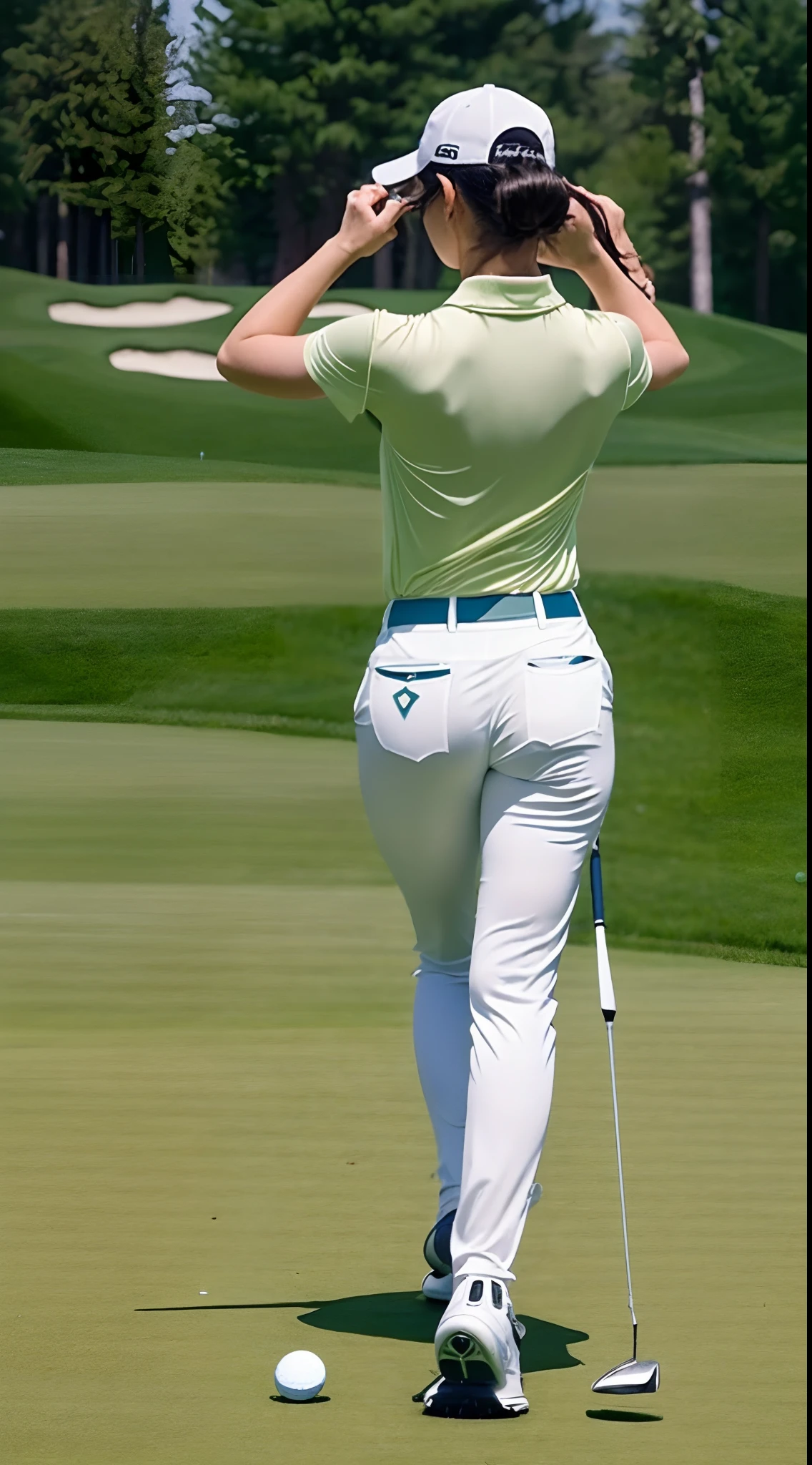 (masutepiece:1.3), (8K, Photorealistic, Raw photography, Best Quality: 1.4), (Lifelike face), (short-cut:1.3), Realistic eyes,  (realskin), Beautiful skin, Ultra high definition, Hyper-realistic, hight resolution, Beautiful Japan Woman、(Golf Wear:1.4)、(Tight pants:1.2)、（ :1.5)、posterior view、Deflecting the body:1.5、