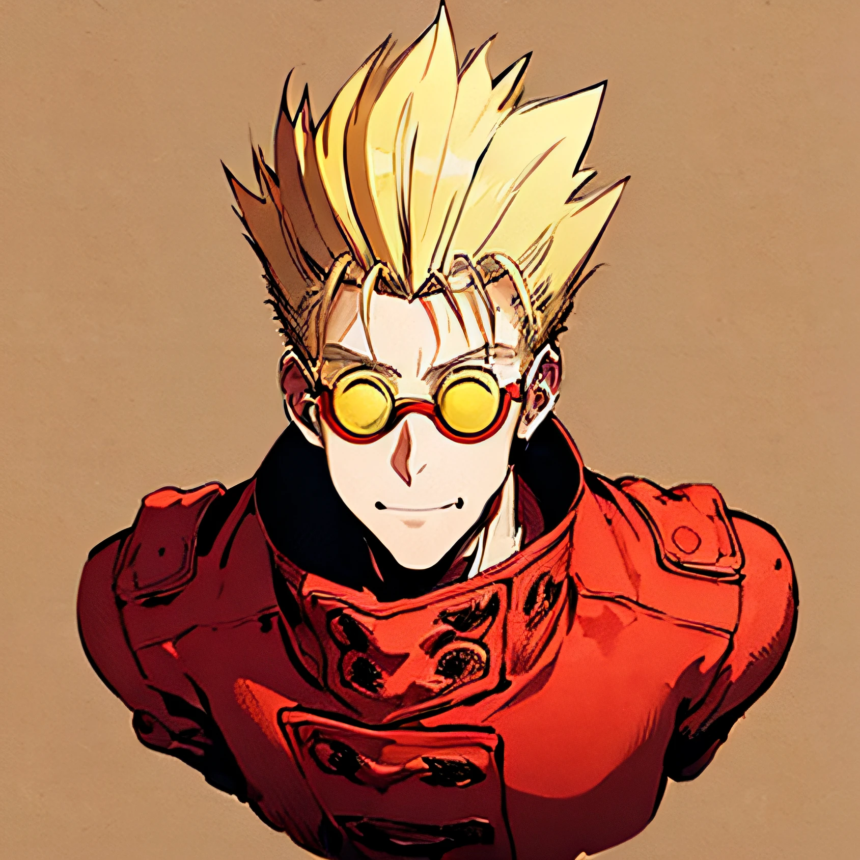 ((1man)), (Vash Stampede), yellow hair, (long red coat:1.0), (yellow eyewear:1.2), standing, (portrait:1.2), desert background, (masterpiece, best quality),