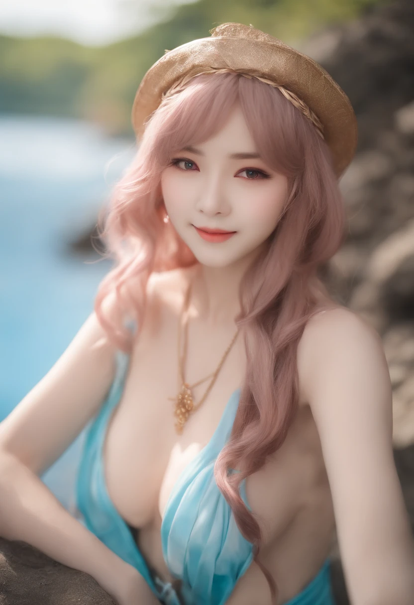 photorealisim、1 -yeld gi(Cosplay of anime characters:1.5)、Very young、Erotic Poses、Smooth straight hair、Detailed body、Shy smile、No makeup、a large bust、sea side、swim wears、