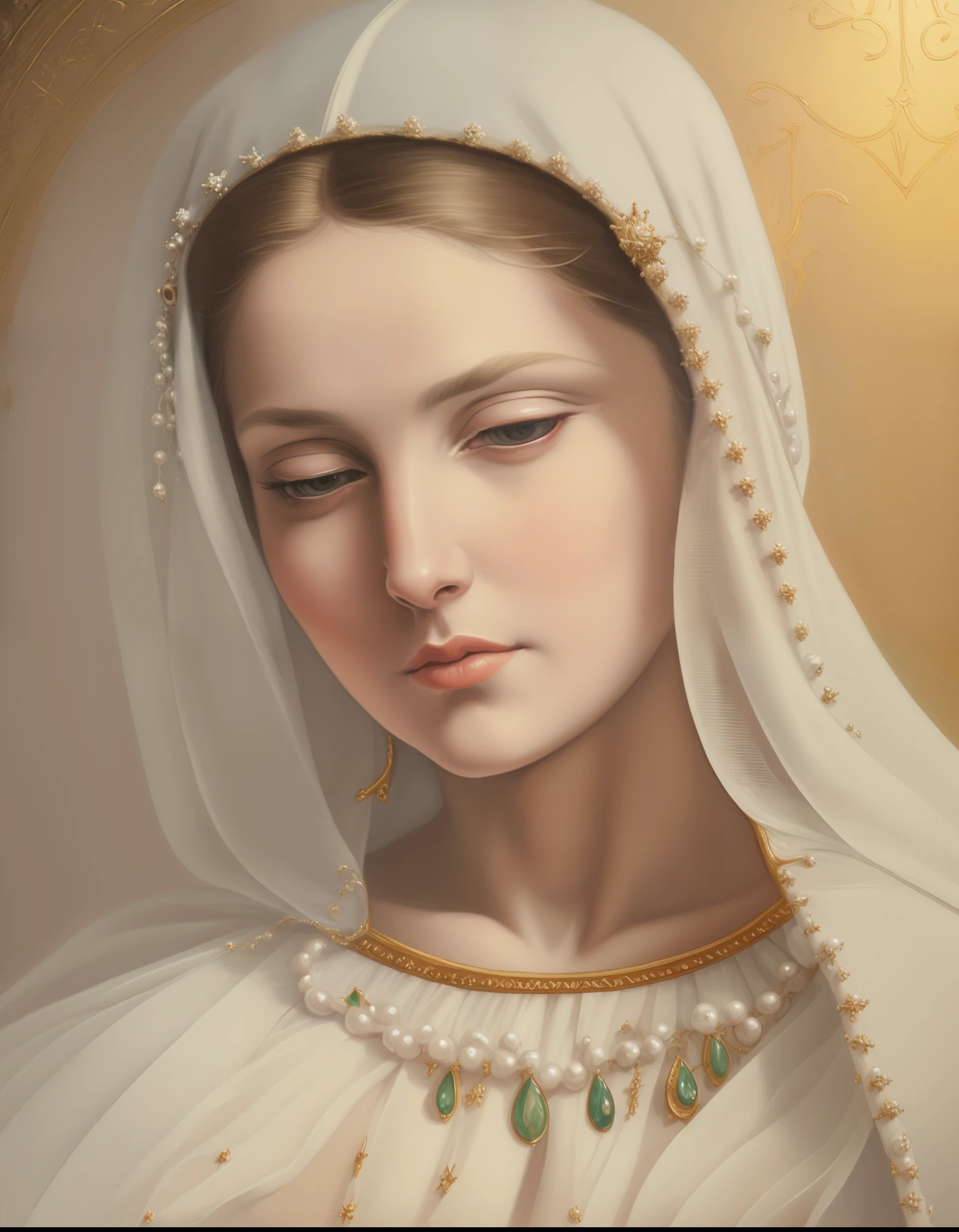 a painting of a woman with a veil and pearls on her head, queen of heaven, Virgem Maria, Retrato da Virgem Maria, majestosa mulher de santo, Retrato detalhado de Madonna, catholic religious art, pintura digital renascentista, pintura de bonito, Retrato da deusa 3D, Beautiful image, beautiful depiction, pintura detalhada 4K, retrato da obra-prima religiosa, retrato muito bonito, donzela bonita