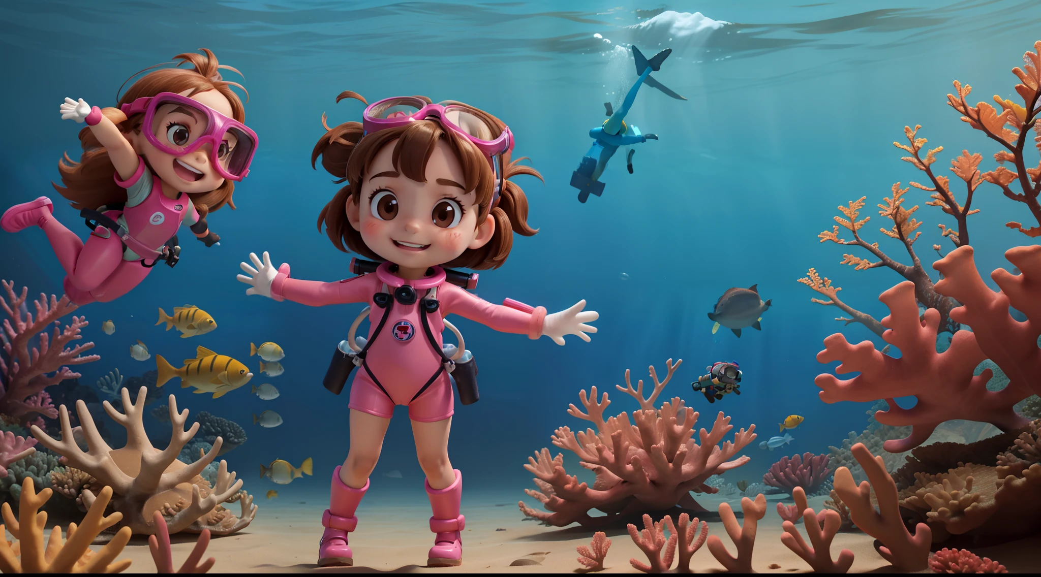 "Frontal image of a 5-year-old girl, standing alone, happy, with brown hair, brown eyes, rosy cheeks, arms spread apart, legs apart, diving goggles, pink diving suit, diving gloves, diving shoes, in the underwater background with corals and fish, T-pose."