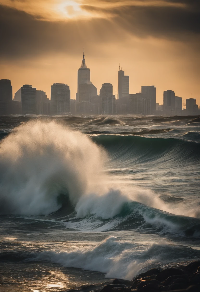 tidal waves,Armageddon,Greatwave,flap,Run-down cities create cinematic cityscapes,Towering tsunami waves pound the city skyline. The lens should capture the absolute power and destructive power of the wave, The building in the foreground is partially submerged, debris flying, and the feeling that disaster is imminent. Long lens camera angle with EE 70mm lens on the Nikon D850, Aim for high resolution, Photorealistic rendering. Ensure that the scene is highly detailed, With HDR lighting, And convey a sense of urgency and confusion.