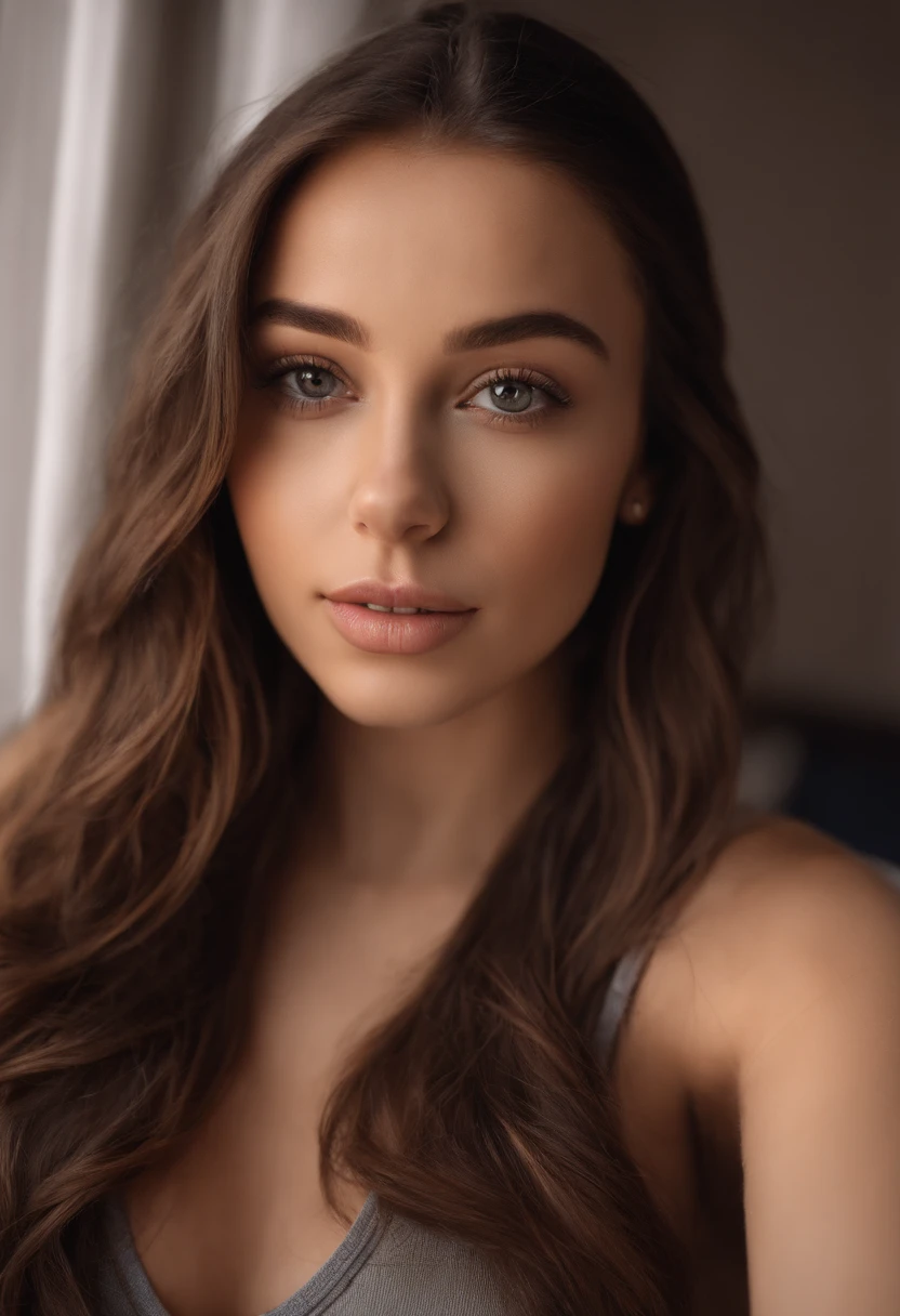 arafed woman with matching tank top and panties, sexy girl with brown eyes, portrait sophie mudd, brown hair and large eyes, selfie of a young woman, bedroom eyes, violet myers, without makeup, natural makeup, looking directly at the camera, face with artgram, subtle makeup, stunning full body shot, in bedroom, cleavage