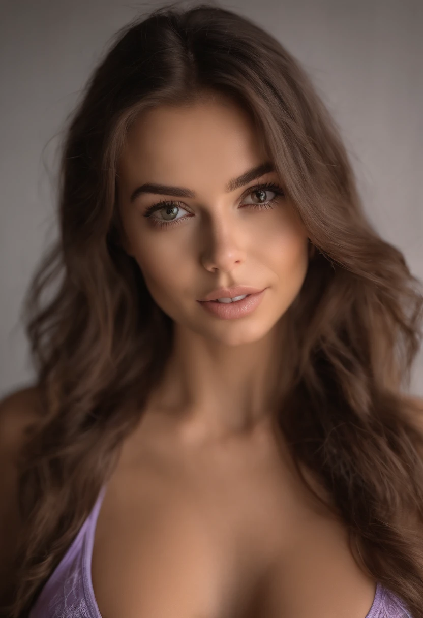 arafed woman with matching tank top and panties, sexy girl with brown eyes, portrait sophie mudd, brown hair and large eyes, selfie of a young woman, bedroom eyes, violet myers, without makeup, natural makeup, looking directly at the camera, face with artgram, subtle makeup, stunning full body shot, in bedroom, cleavage