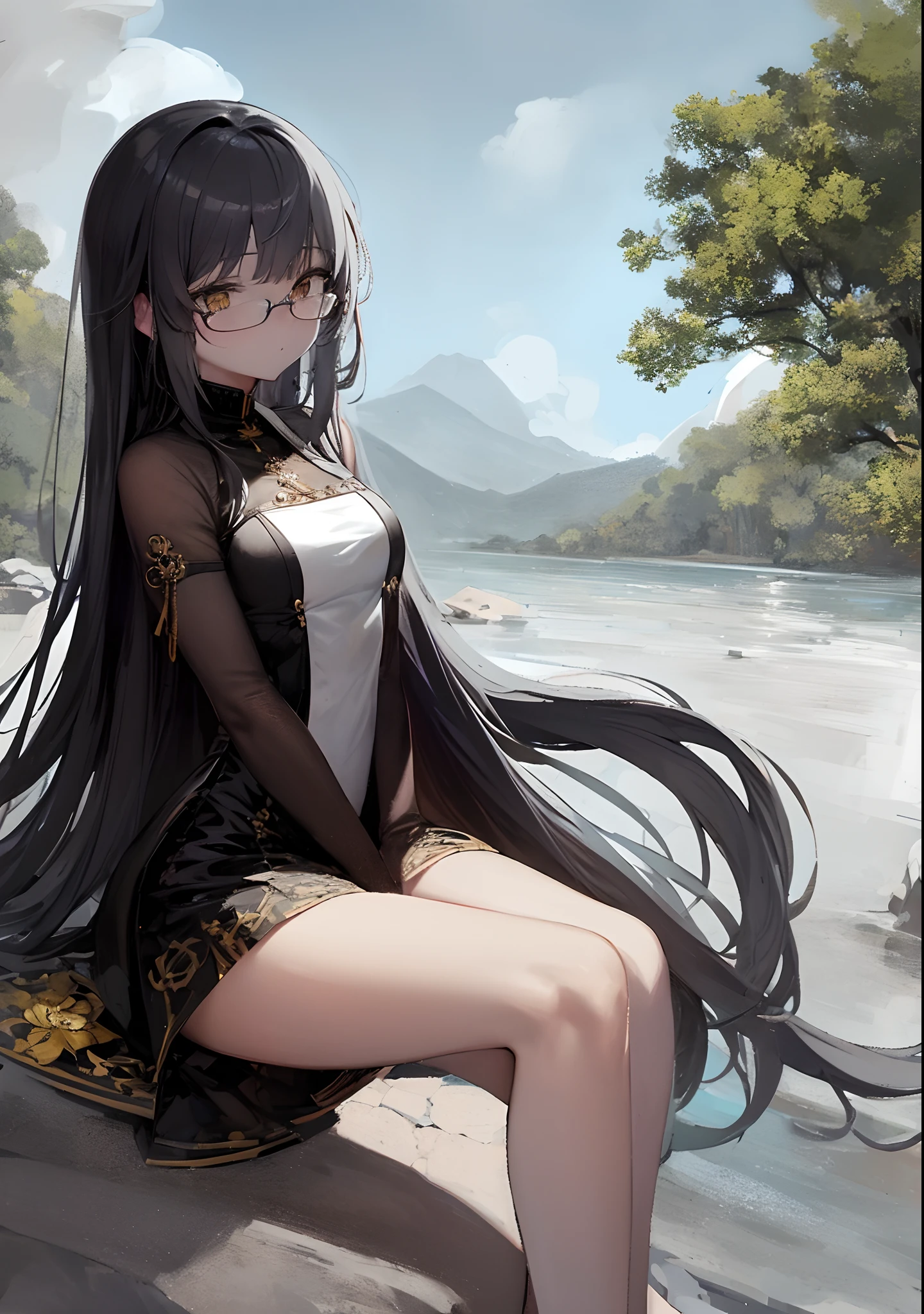 masterpiece,(bestquality),highlydetailed,ultra-detailed,{black hair} (long whitr hair)(By bangs)(Lateral hair)(Shawl hair)(hair straight)，(glasses),(Yellow eyes),fleshy feeling，fleshy legs,anime girl in a white dress sitting on a rock by the water, guweiz, by Shitao, small curvy loli, guweiz on pixiv artstation, top rated on pixiv, guweiz on artstation pixiv, [ 4 k digital art ]!!, pixiv 3dcg, trending on artstation pixiv