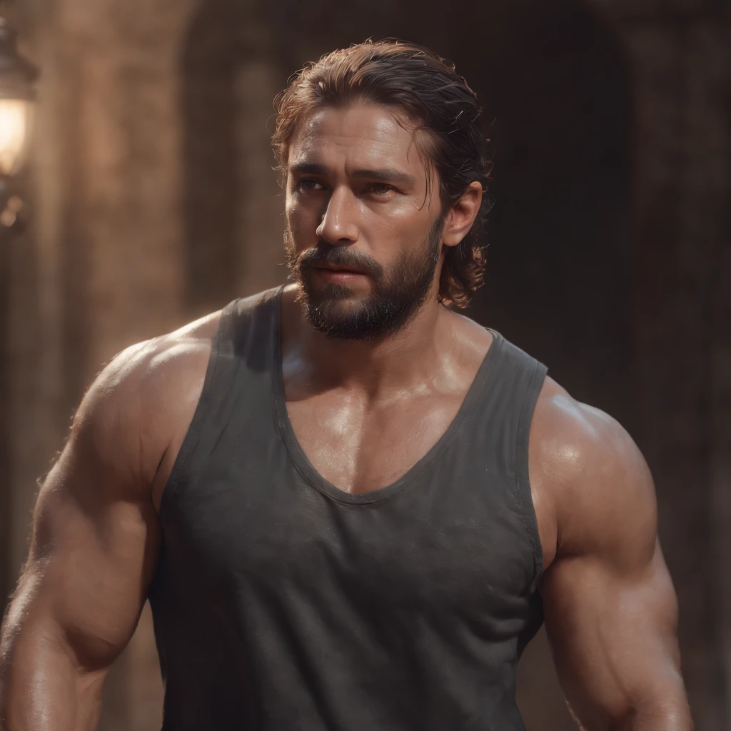 (Professional 3D rendering:1.3) de (Realistic:1.3) foto de arte mais bonita do mundo，soft features, brilliant male heroes, ((Epic hero rough fantasy muscular man wet hero angry look long hair short beard and fierce expression in dynamic pose, fantastic location, majestoso ambiente desordenado)), corpo inteiro 8k unidade render, action shot, poros da pele, very dark lighting, sombreamento pesado, circunstanciado, rosto detalhado, (Vibrando, Fotografia realista, Realistic, Dramatic, Escuro, foco nítido, 8k), (Roupas de couro velhas danificadas pelo mau tempo:1.4), ((((Use peles)))), (intrincado:1.4), decadente, (altamente detalhado:1.4), Pintura digital, rendering by octane, art stations, conceito-arte, liso, foco nítido, illustration, germe da arte, (Loish:0.23), Wlop Ilya Kuvshinov, e greg rutkowski e alphonse mucha gracias, (global ilumination, studiolight, light volumetric), chuva forte, floating particles, patife, fantasia, Nosso, Corpo inteiroesbiano, ((Fundo escuro e antigo da cidade:1.3)),CGSesociedade,art stations