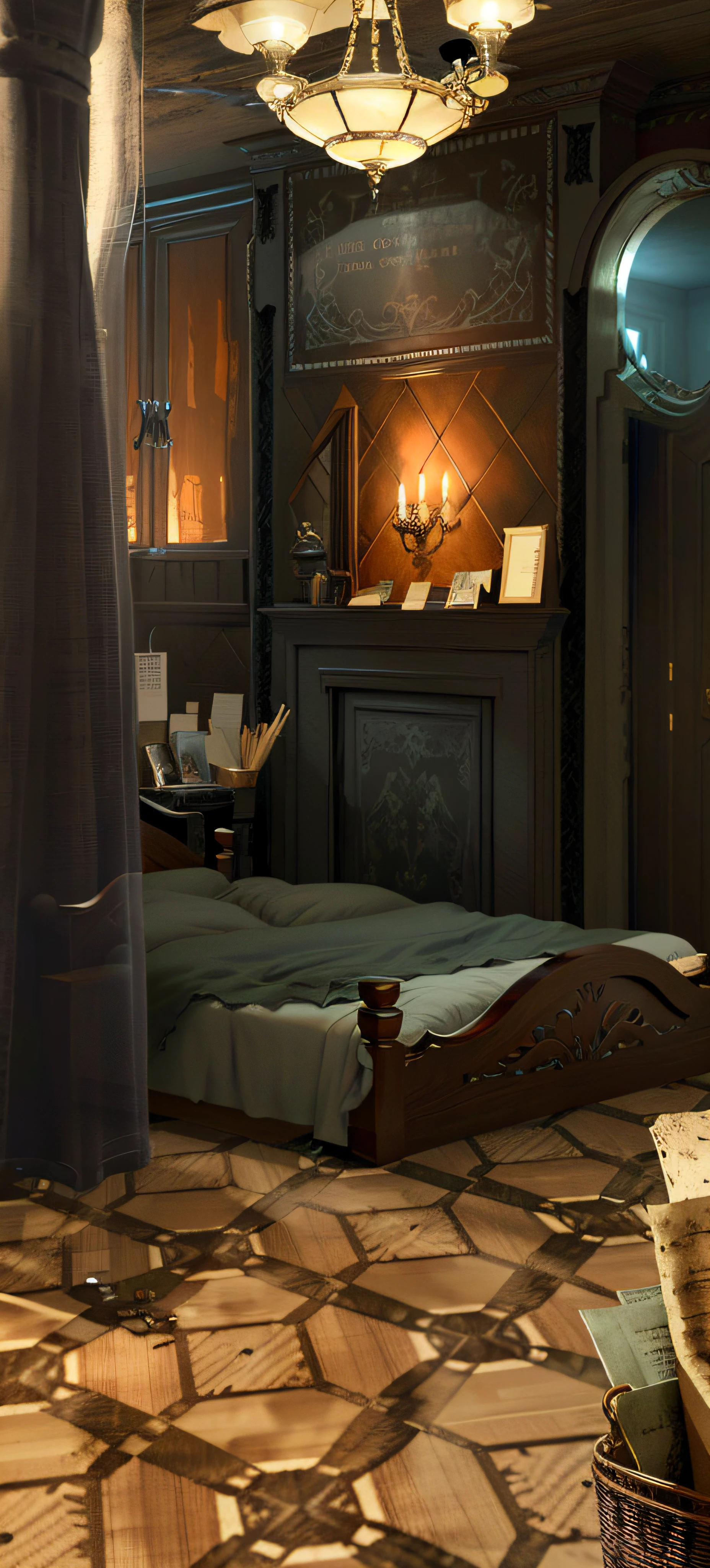 There was a room,There was a bed and a chair inside, Relaxing concept art, personal room background, highly realistic concept art, photorealistic dark concept art, rpg maker style bedroom, ultra realistic concept art, detailed cinematic rendering, hyperrealistic concept art, Ultra detailed concept art, Detailed 4K concept art, Realistic intricate concept art, alchemist library background, interior background art
