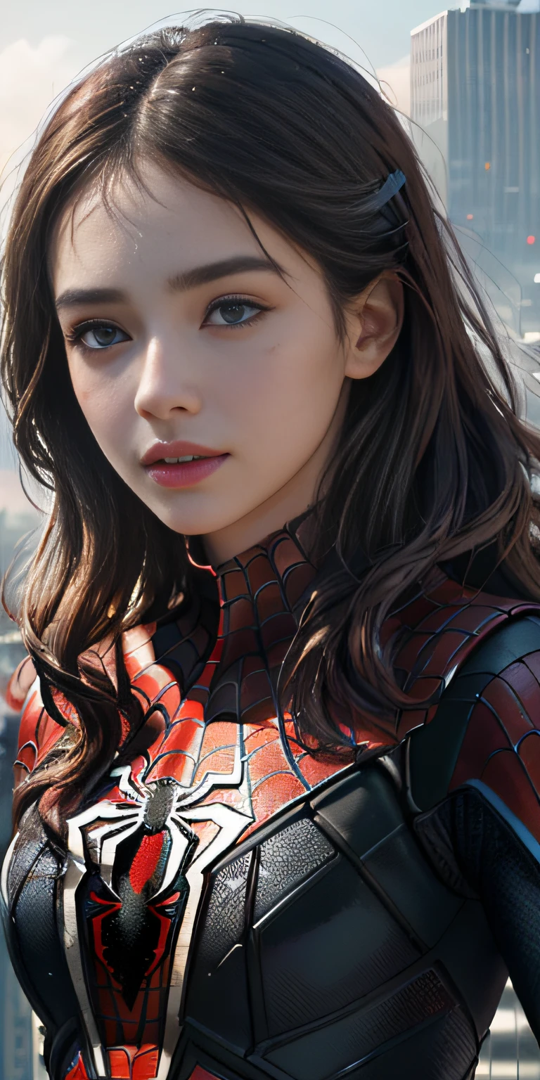 (1girl:1.3), Solo, (((Very detailed face)))), ((Very detailed eyes and face)))), Beautiful detail eyes, Body parts__, Official art, Unified 8k wallpaper, Super detailed, beautiful and beautiful, beautiful, masterpiece, best quality, original, masterpiece, super fine photo, best quality, super high resolution, realistic realism, sunlight, full body portrait, amazing beauty, dynamic pose, delicate face, vibrant eyes, (from the front), She wears Spider-Man suit, red and black color scheme, spider, very detailed city roof background, rooftop, overlooking the city, detailed face, detailed complex busy background, messy, gorgeous, milky white, highly detailed skin, realistic skin details, visible pores, clear focus, volumetric fog, 8k uhd, DSLR, high quality, film grain, fair skin, photo realism, lomography, futuristic dystopian megalopolis, translucent ,