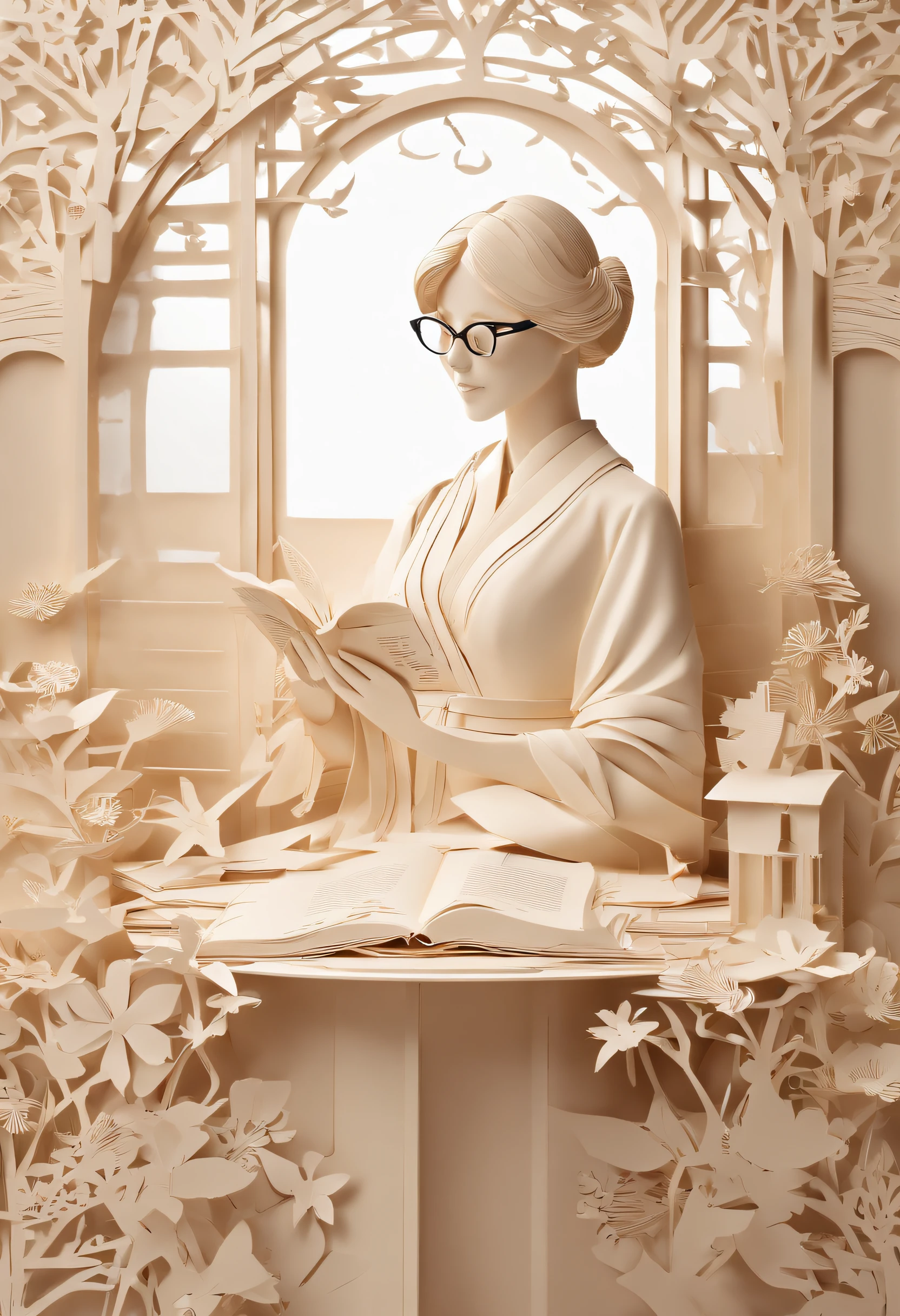 Quality first,masterpiece in detail,Middle-aged woman wearing glasses,Be a teacher,sportrait,closeup cleavage,and five cute reading a book,in class room,fresh flowers,Rich in color