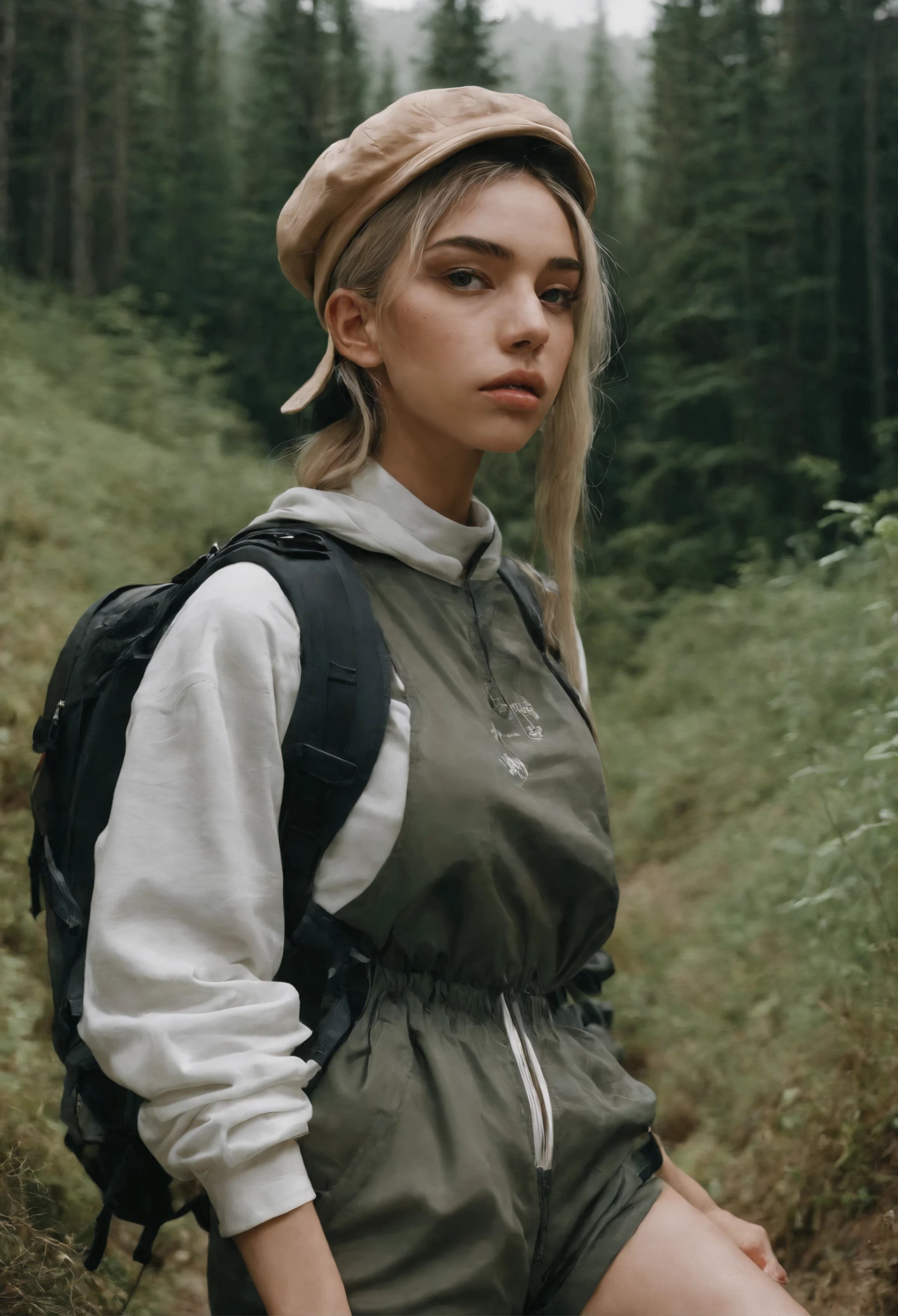 Hiker, in the style of rap aesthetics, schizocore, girl, photo taken with fujifilm superia, charly amani, oversized portraits, babycore