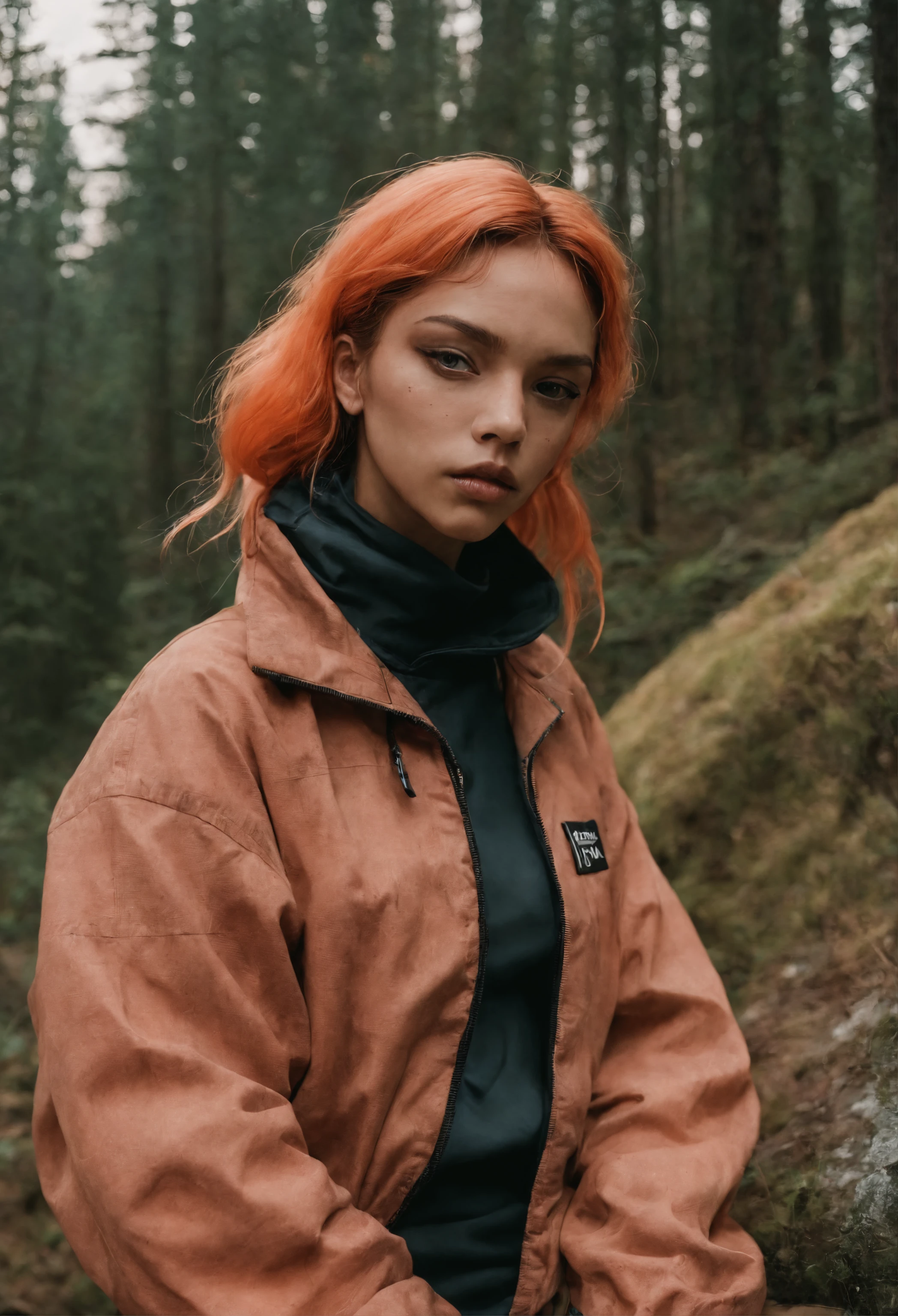 Hiker, in the style of rap aesthetics, schizocore, girl, photo taken with fujifilm superia, charly amani, oversized portraits, core