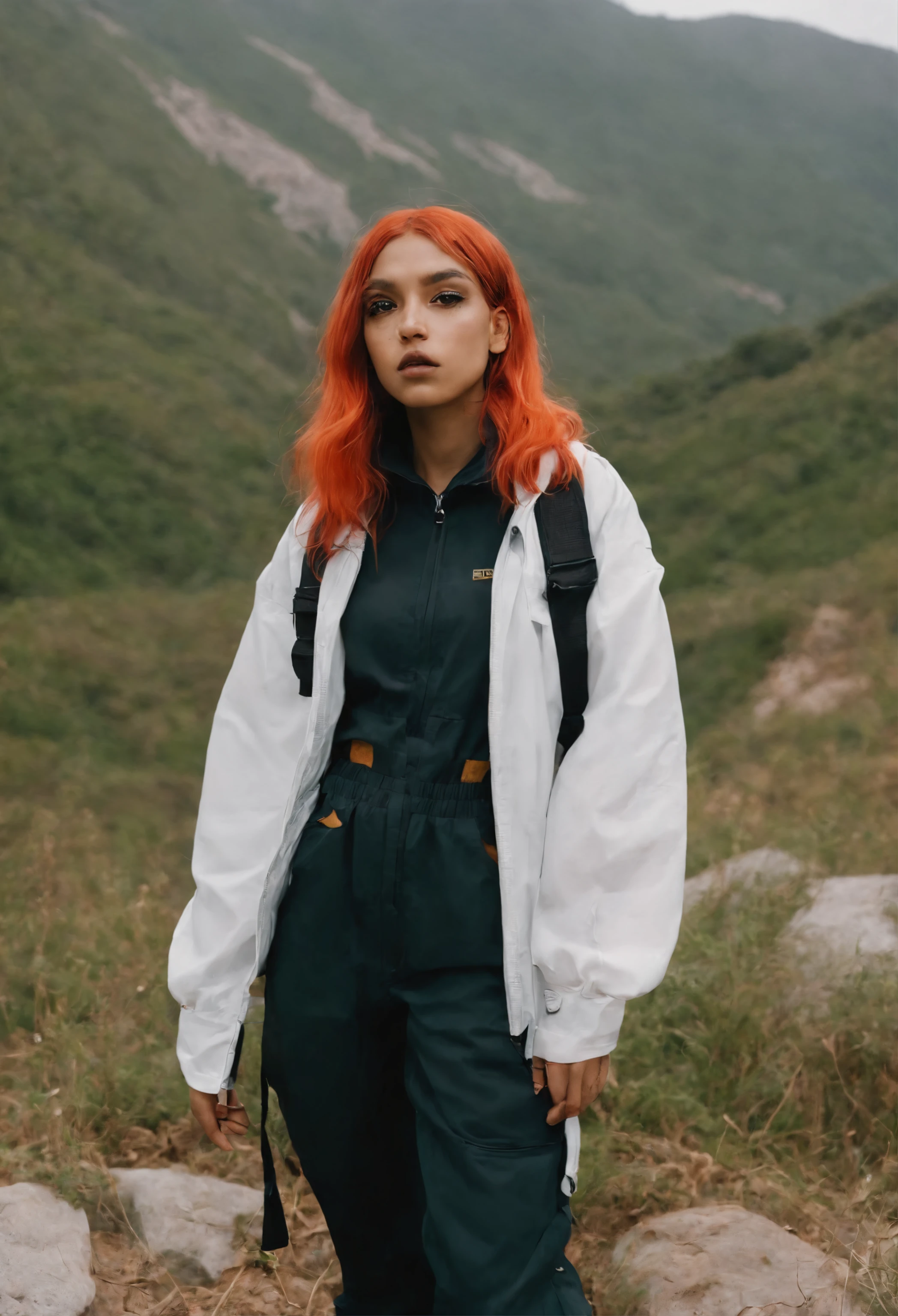 Hiker, in the style of rap aesthetics, schizocore, girl, photo taken with fujifilm superia, charly amani, oversized portraits, babycore