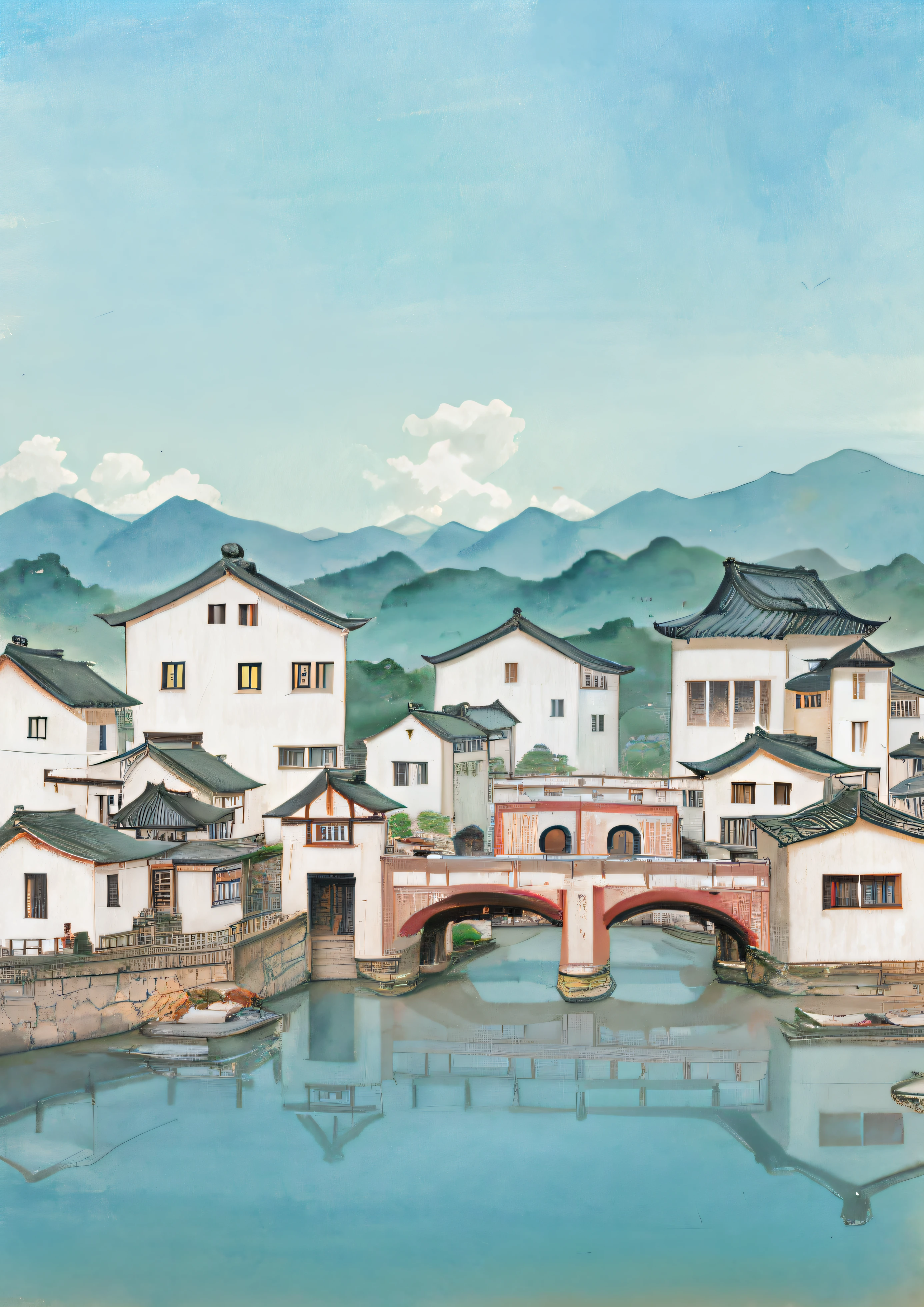 A caricature of a small town，There is a bridge over the river, dreamy Chinese towns, Chinese village, chinese watercolor style, old asian village, town background, japanese town, quaint village, Chinese painting style, fishing town, ancient city landscape, zhouzhuang ancient town, Japanese village,