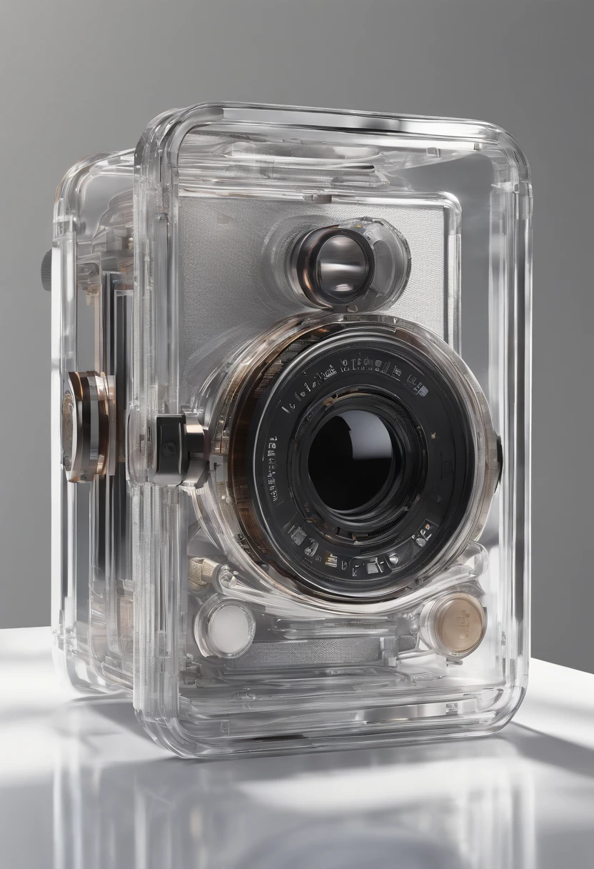 Old-fashioned camera, gradient translucent glass molten body, Laser effect, Caustics, designed by dieter rams, Clear glass, minimalistic, high detail, glowing, white background, industrial design, studio lighting, c4d, Oc renderer, clean shadows, 8K