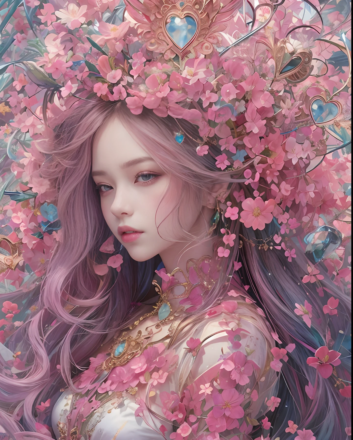 Arafede woman with long brown hair and flowers on her head, subtle fantasy, subtle beauty, jingna Zhang, beautiful fantasy art portrait, fantasy art style, beautiful fantasy portrait, floral storm portrait, beautiful digital artwork, beautiful fantasy art, digital fantasy art), intricate flop, flower. High Fantasy, Wlop and Ross Tran, Fantasy Photography, CG Society, 🌺 Green Eye