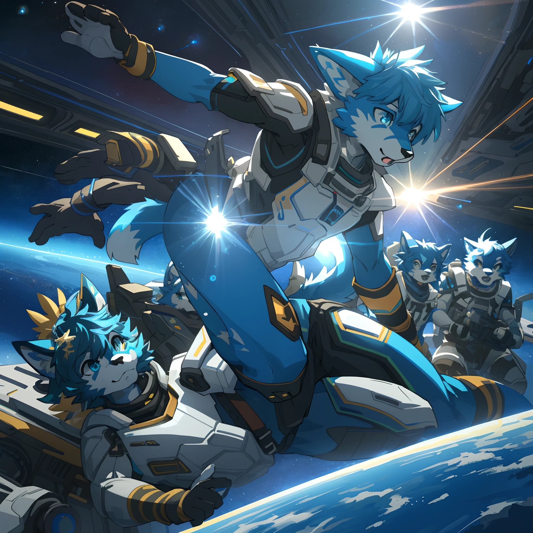 highres, top quality, best quality, paid reward available, High-quality illustrations, unparalleled masterpiece(battle movie of space ship interior)STAR Ocean, Cosmic suit, 6+boys, 6+girls(furry anthro:1.7)absurdres(highly detailed beautiful face and eyes)perfect anatomy, expression, caustics, dynamic lighting, lens flare, deep shadow, assorted poses, dynamic angle,