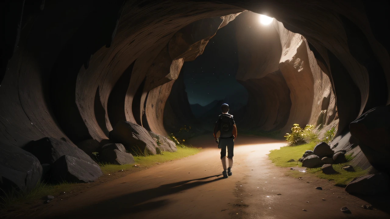 back view of a boy walking into cave in a hill at night,3d art,midjourney,oilpaint