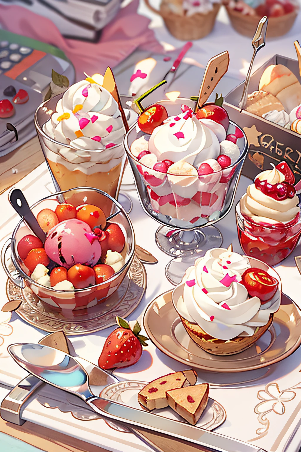 Q version、Cartoony、icecream、morango、cream-colored、cherrie、glass、Top-down view