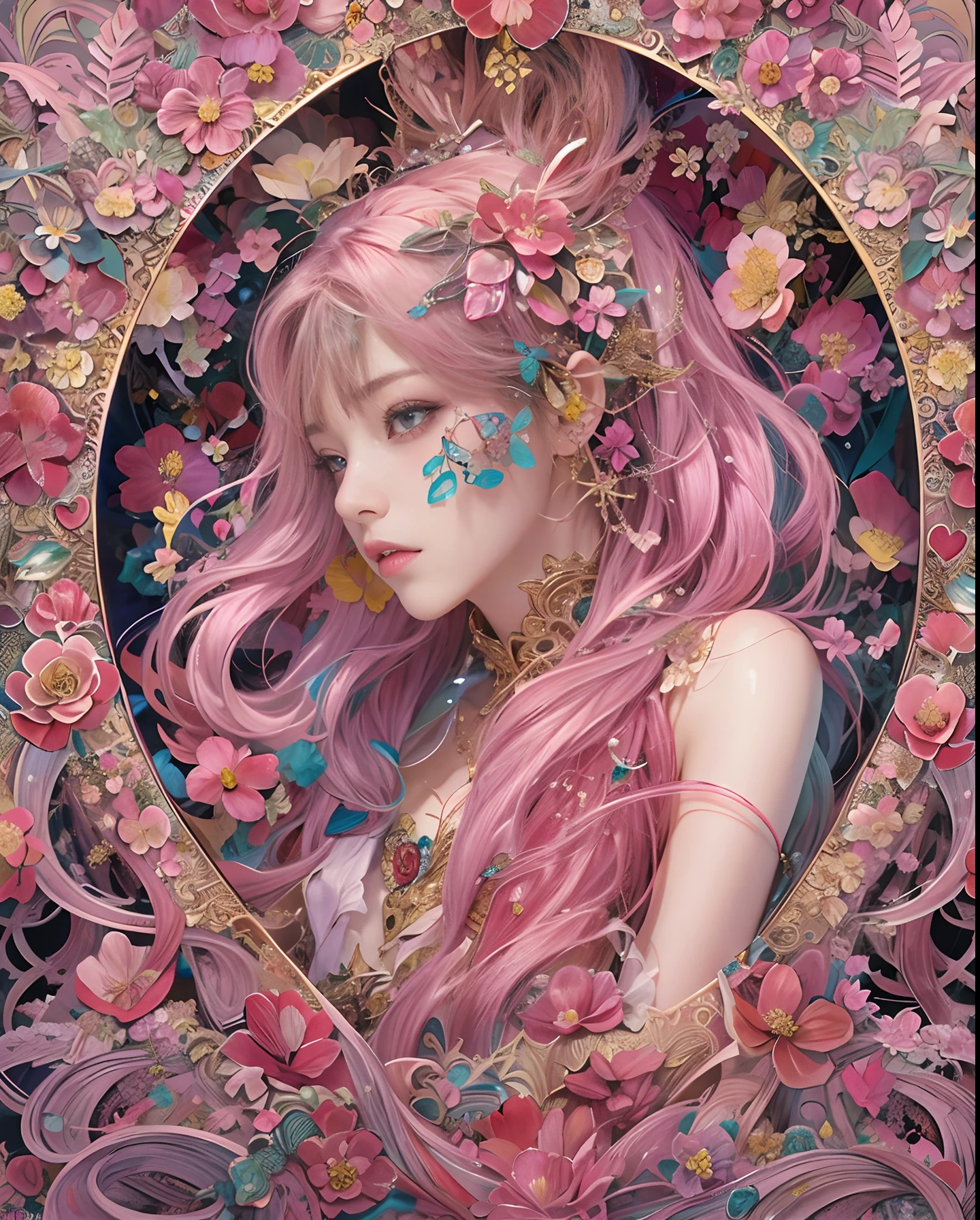 (masutepiece, of the highest quality, Best Quality, Official art, Beautiful and aesthetic:1.2), (1 Fantasy Girl), Extremely detailed, Glamorous Jewelry, long shapeless hair, (Fractal Art:1.3),Colorful,Highest detail.Express in the form of a heart、Ornaments in the form of hearts、Use a lot of heart shapes、Use a lot of heart shapes in the background、Use a lot of pink、Use a lot of flowers