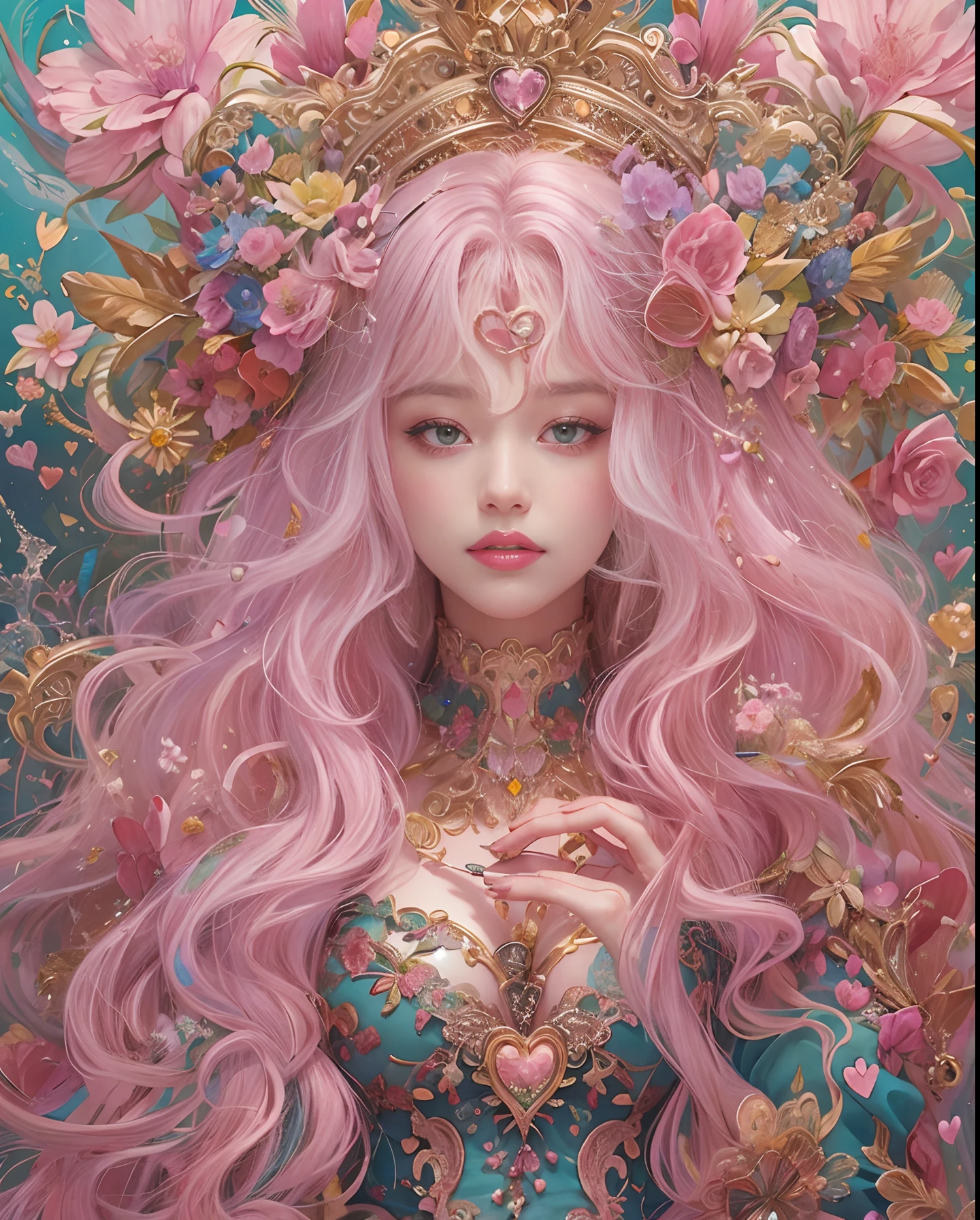 (masutepiece, of the highest quality, Best Quality, Official art, Beautiful and aesthetic:1.2), (1 Fantasy Girl), Extremely detailed, Glamorous Jewelry, long shapeless hair, (Fractal Art:1.3),Colorful,Highest detail.Express in the form of a heart、Ornaments in the form of hearts、Use a lot of heart shapes、Use a lot of heart shapes in the background、Use a lot of pink、Use a lot of flowers