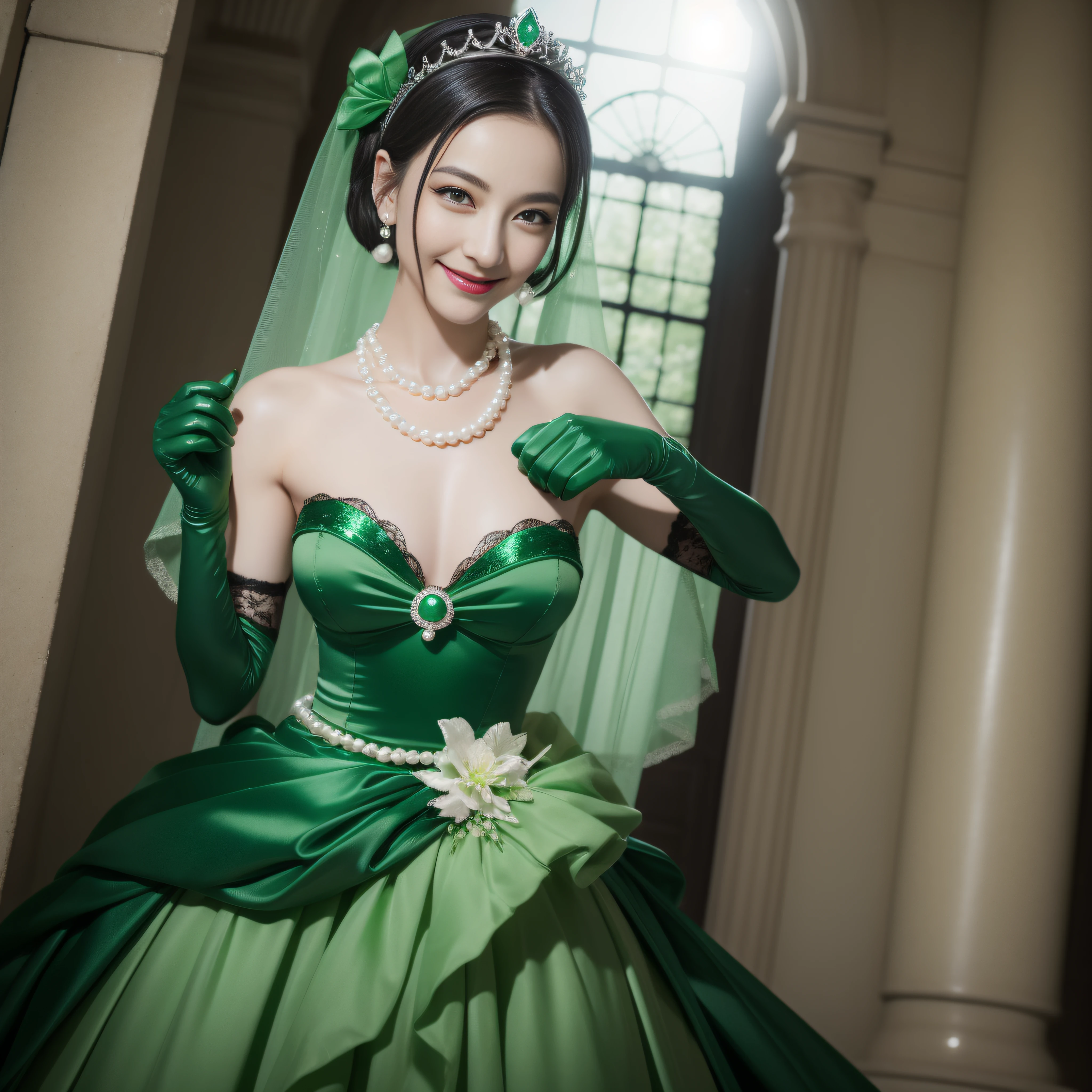 Boyish very short black hair, lipsticks, Japan woman smiling, Satin Green Long Gloves, emerald tiara, Pearl Necklace, verd s eyes, Green eyes, Long green gloves made of satin material
