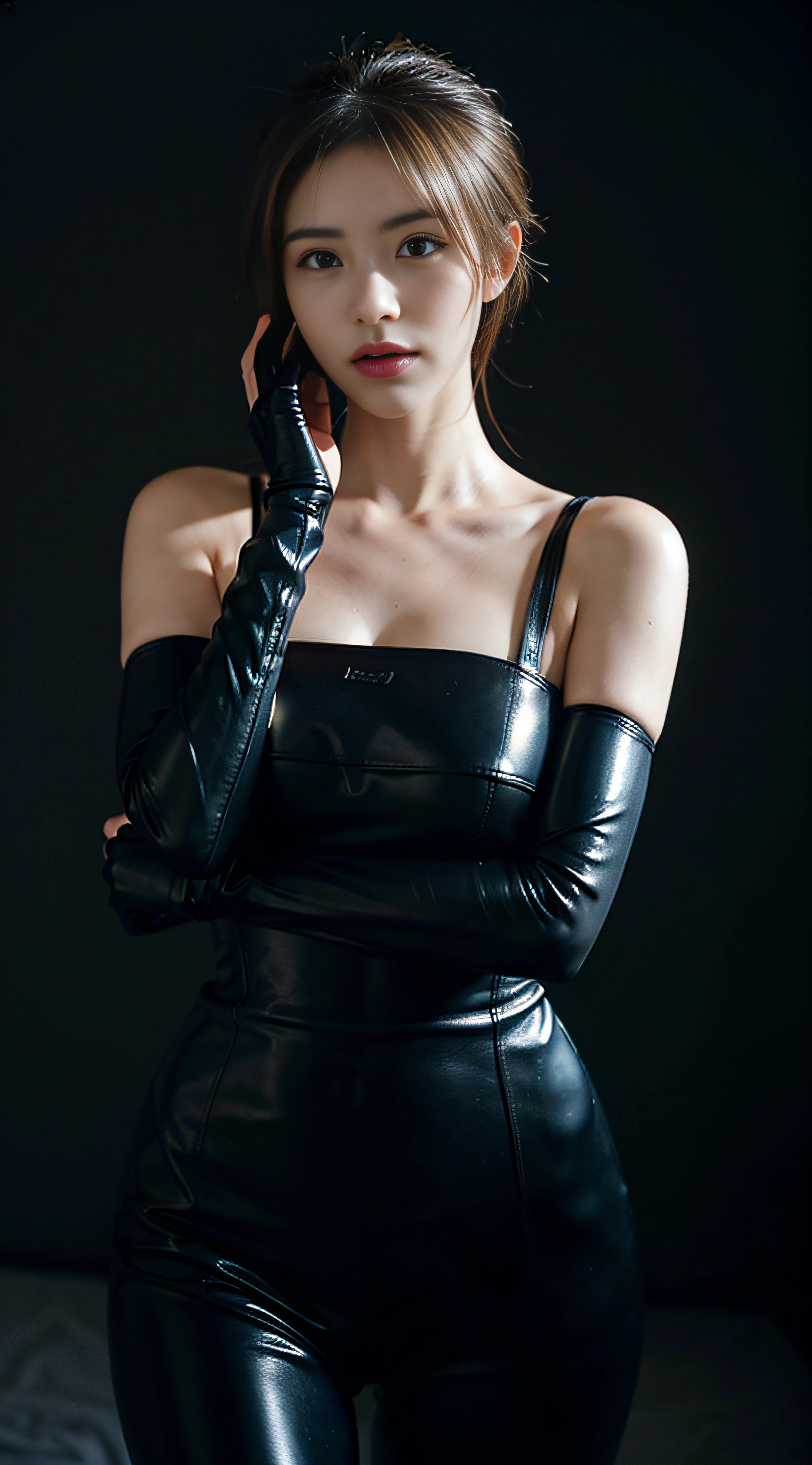 (photoRealstic:1.4)、(ultra-realistic realism:1.4)、(hentail realism:1.3)、(Gentle lighting:1.05)、(Improved Cinematic Lighting:0.9)、32 k、(The blonde:0.9)1 girl in、realistic illumination、back Lighting、Ray traching、(Image Enhancement:1.4)、(Genuine leather of the highest quality:1.4)、(Beauty of Skin Texture: 1.1)、(japanes:1.2)、(Black latex set 1.5)、shoulders out、Underarms、black latex gloves、(busty figure:1.4)、Curvaceous Body, greybackground,