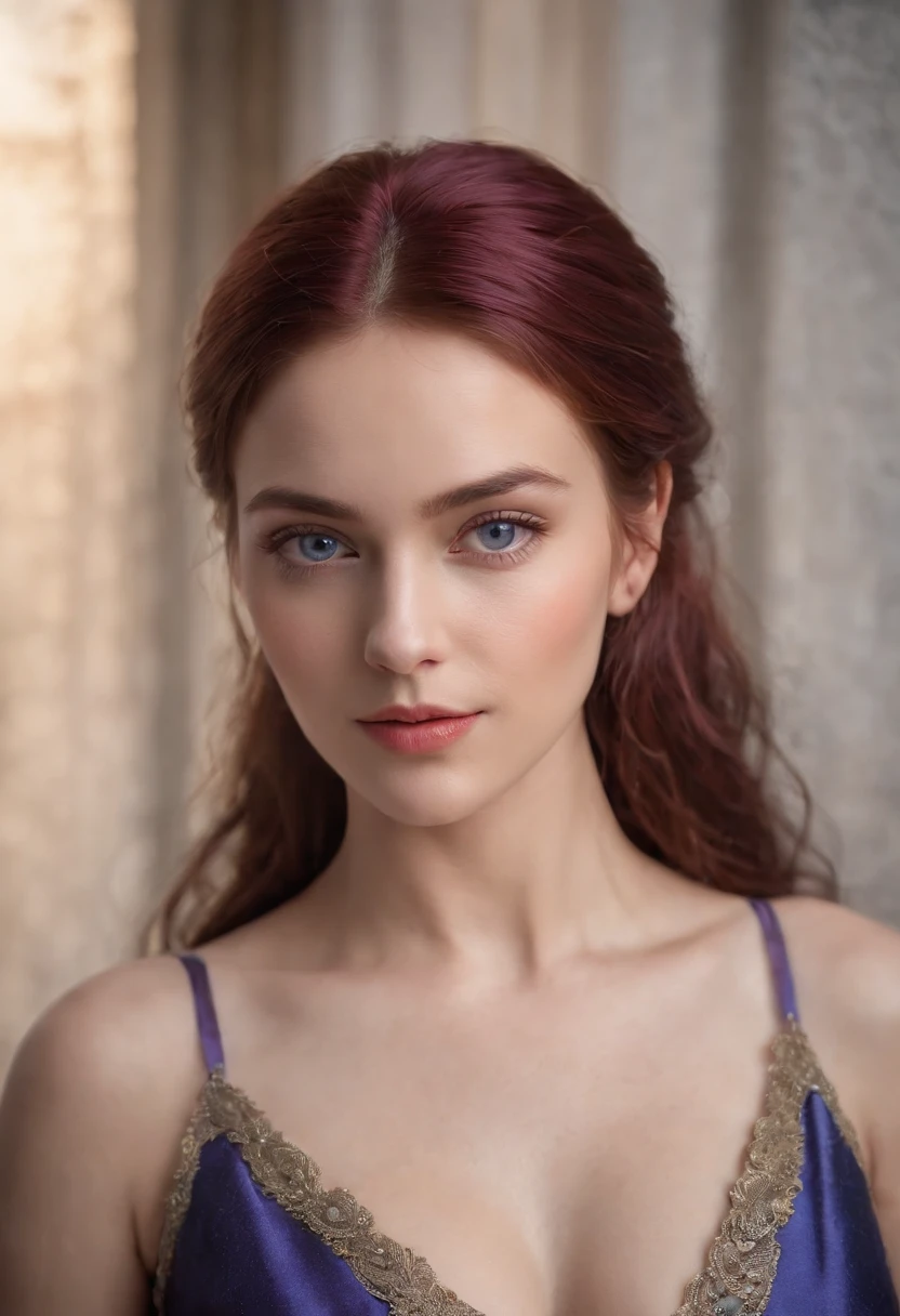 Realistic photo, a realistic photo of 30yo adult medieval woman queen wearing a purple dress, red hair, medieval castle, blue eyes, perfect nose, round face, straight eyebrow, (1girl), (extremely detailed CG unity 8k wallpaper), photo of the most beautiful artwork in the world, professional majestic, (big-breasted:1.5) (photography by Steve McCurry), 8k uhd, dslr, soft lighting, high quality, film grain, Fujifilm XT3 sharp focus, f 5.6, High Detail, Sharp focus, dramatic, (looking at viewer:1.2), (detailed pupils:1.3), (natural light), full body.