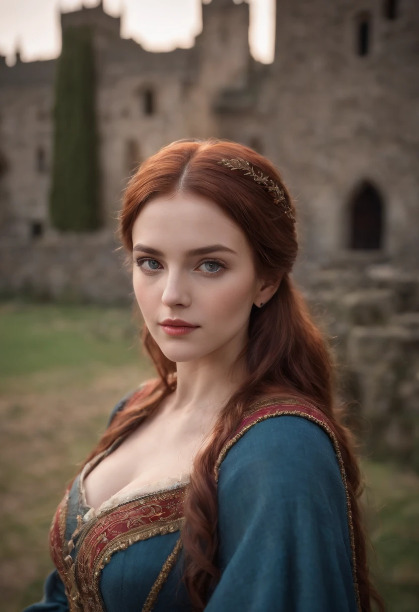 Realistic photo, a realistic photo of 30yo adult medieval woman queen wearing a purple dress, red hair, medieval castle, blue eyes, perfect nose, round face, straight eyebrow, (1girl), (extremely detailed CG unity 8k wallpaper), photo of the most beautiful artwork in the world, professional majestic, (big-breasted:1.5) (photography by Steve McCurry), 8k uhd, dslr, soft lighting, high quality, film grain, Fujifilm XT3 sharp focus, f 5.6, High Detail, Sharp focus, dramatic, (looking at viewer:1.2), (detailed pupils:1.3), (natural light), full body.