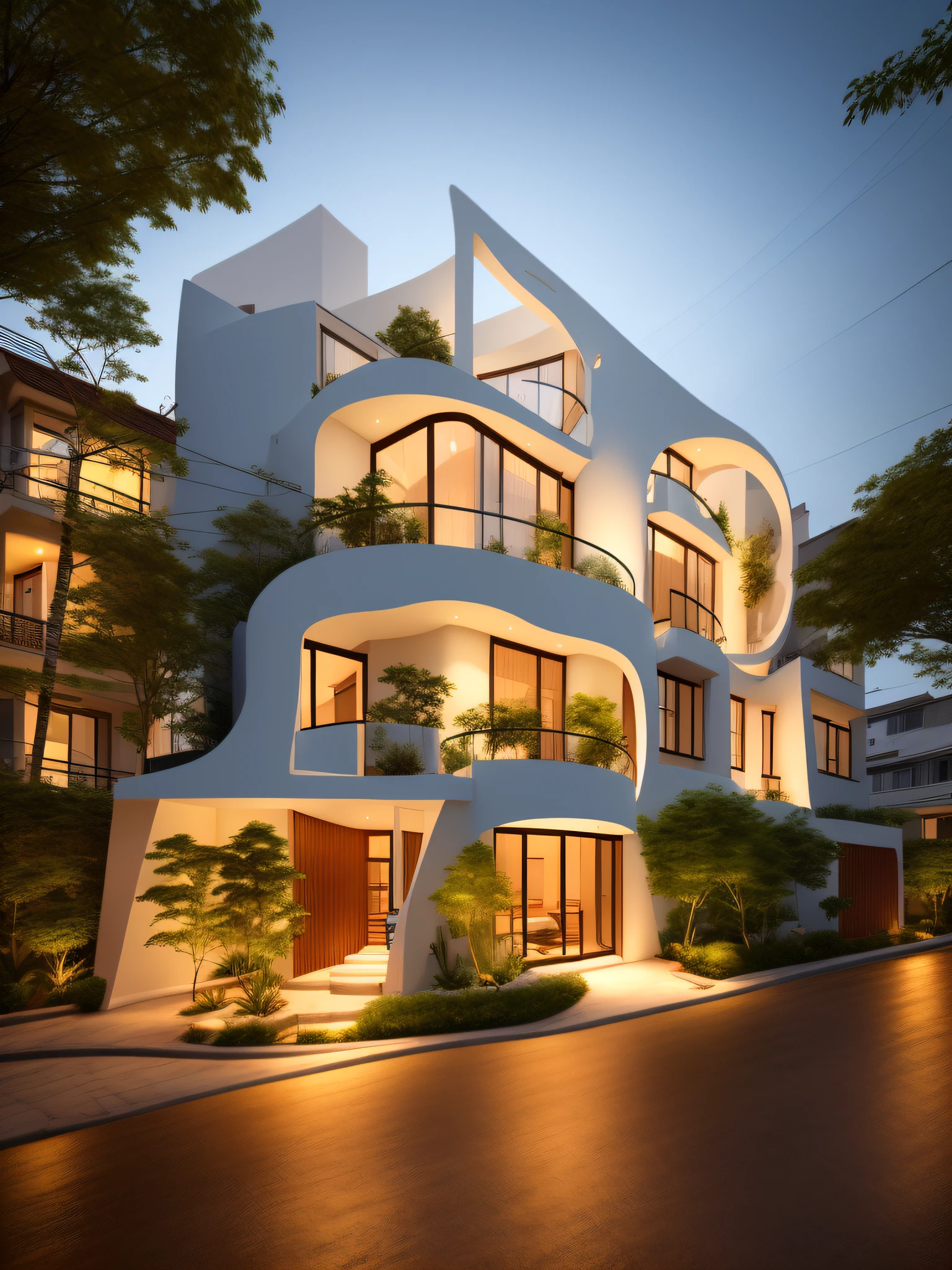 (Townhouse in city ,close houses and trees), daylight ( best quality) ((high solution)) ,(( photo realistic)) ,warm light, (sharp focus) front view of townhouse in style of modern,small house, Narrow area,VietNam,facade, curved arch,beautiful facade,curved windown,narrow and long ,two-storey,mutual colours, soft lighting, warm atmosphere,high Resolution, hyper detailed,4k ,vray render, octane render, hyper realistic, photography expert ,exterior design , professional photography, exterior photography,wide-angle shot , ultra detail , high Resolution , full frame, full body