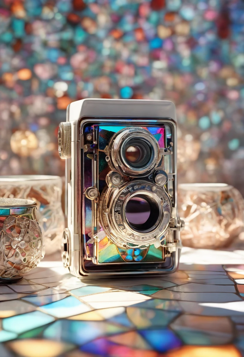 Vintage cameras, Gradient translucent ceramic melt, Laser effect, Caustics, Designed by Dietrams, Clear glass, Maximalism, High detail, Glowing, White background, industrial design, Studio lighting, C4D, OC renderer, Clean shadows, 8K