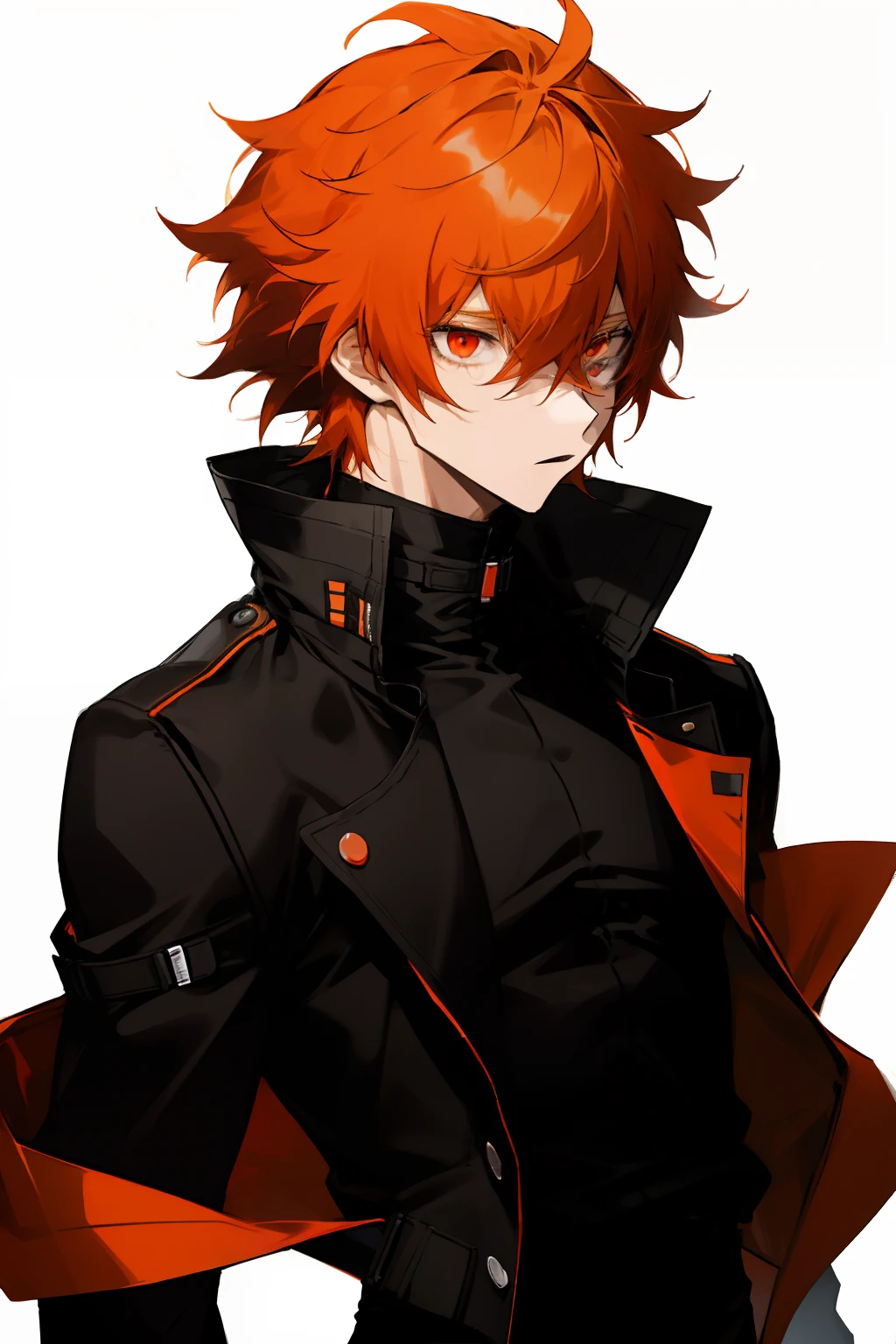 anime, boy, orange hair, short hair, red eyes, stylish black jacket, black pants, Messy hair, upper body