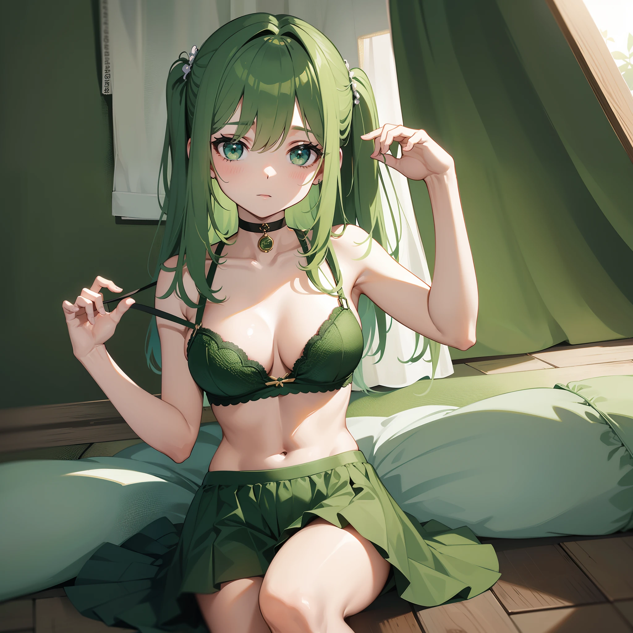 Garota,cabelo curto,olhos verdes,green bra,shortinho curto cinza,peitos pequenos,cintura bonita,deitada em um quarto