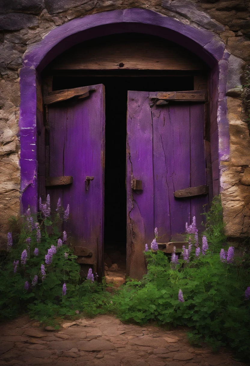 An old cellar door in the open air, exuding purple energy through the cracks.