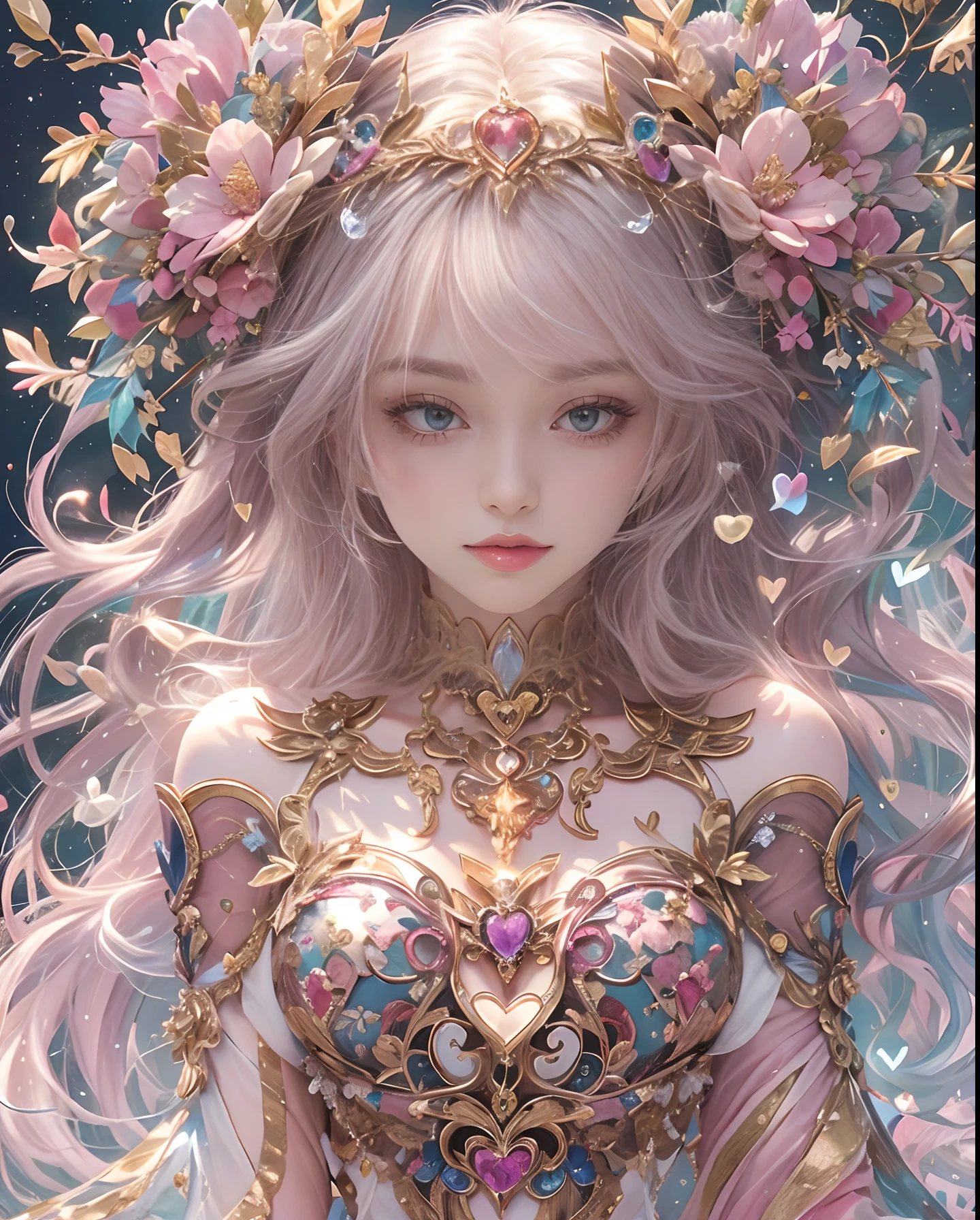 (masutepiece, of the highest quality, Best Quality, Official art, Beautiful and aesthetic:1.2), (1 Fantasy Girl), Extremely detailed, Glamorous Jewelry, long shapeless hair, (Fractal Art:1.3),Colorful,Highest detail.Express in the form of a heart、Ornaments in the form of hearts、Use a lot of heart shapes、Use a lot of heart shapes in the background、Use a lot of pink、Use a lot of flowers、Angle from above the knee、Breasts are small and B size、A slender、Cleavage is visible。Paws are thin and beautiful,the skin is white and transparent,high-heels、Gold Anklet、Inlaid with heart-shaped jewelry、Heart-shaped bokeh、