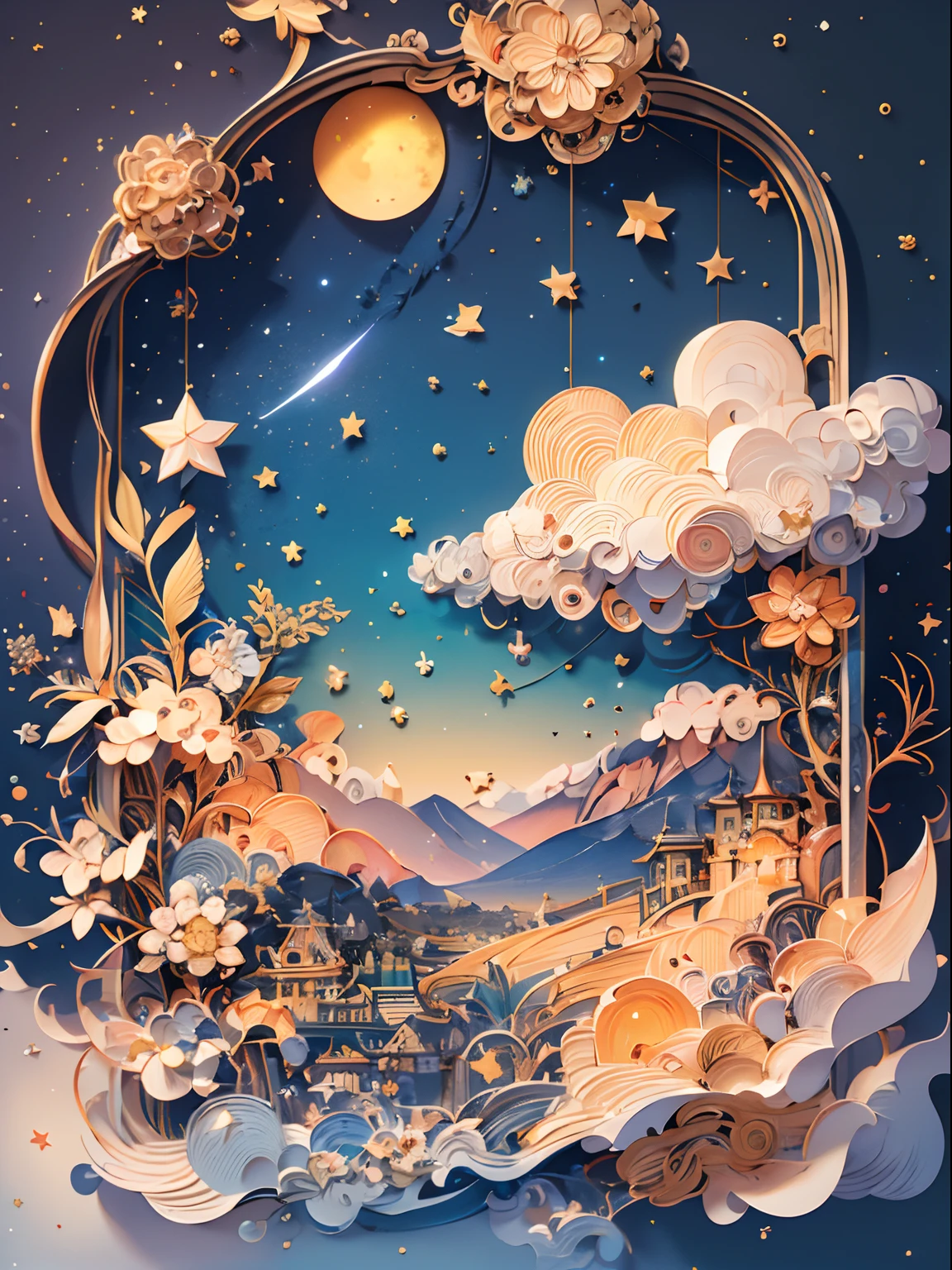 (((Masterpiece))),Best Quality, illustartion,  skye, Cloud, Star \(symbol\),1male, handsome male, night time, luna, Star \(skye\), night  sky, Starry sky, Bright colors, soft light,(warm color:1.2),aquarelle painting, light background, Exquisite details of the highest quality,3D Rendering,Octane Render, paper_cut