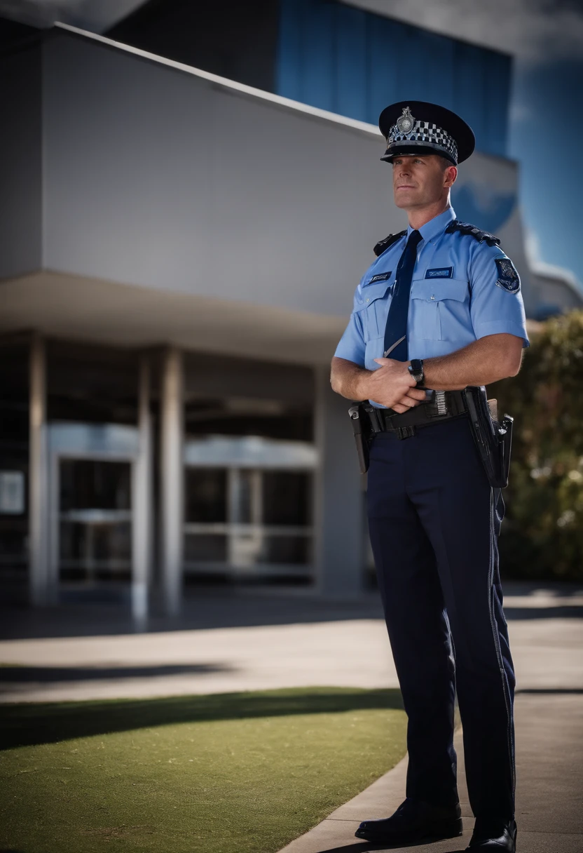 Australian police officer, wearing a navy blue uniform with a badge, standing in front of a police station with the Australian flag flying in the background. The officer should have a serious and professional expression.