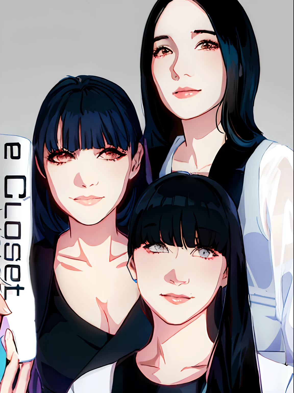 there are two women that are posing for a picture together, perfume, 3 sisters look into the mirror, beauty campaign, black hime-cut hair, close - up studio photo, sui ishida with black hair, A dark-haired, Portrait C 12.0, Portrait C 1 2. 0, album covers, hime-cut, official artwork, closeup portrait shot