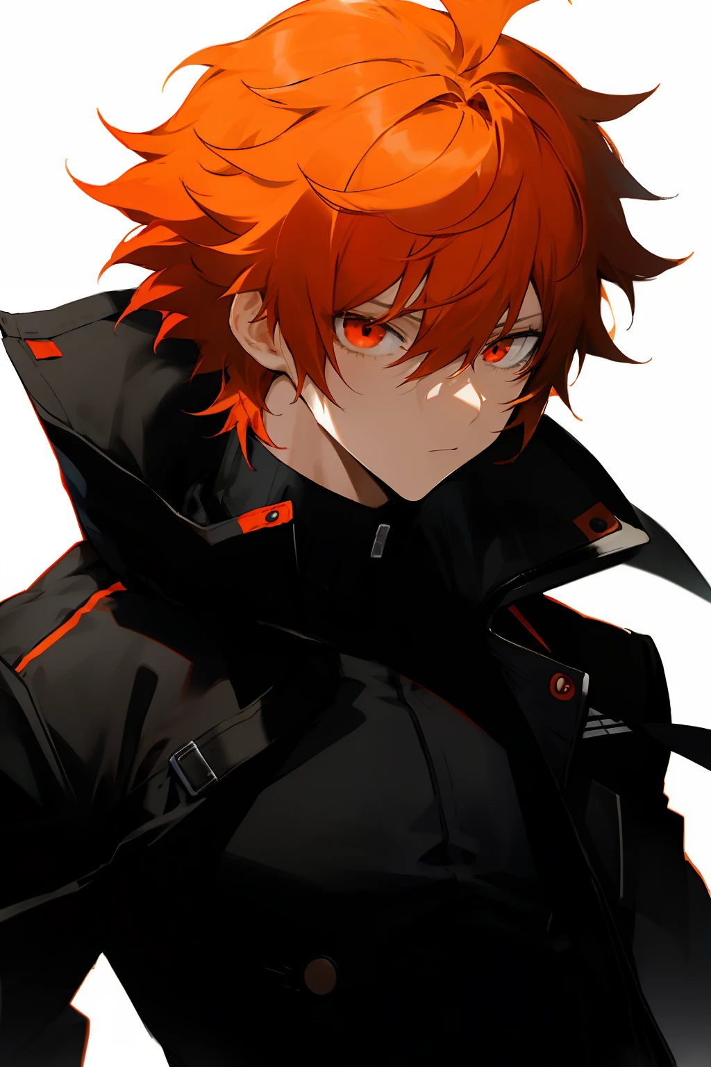 anime, boy, orange hair, short hair, red eyes, stylish black jacket, black pants, Messy hair, upper body