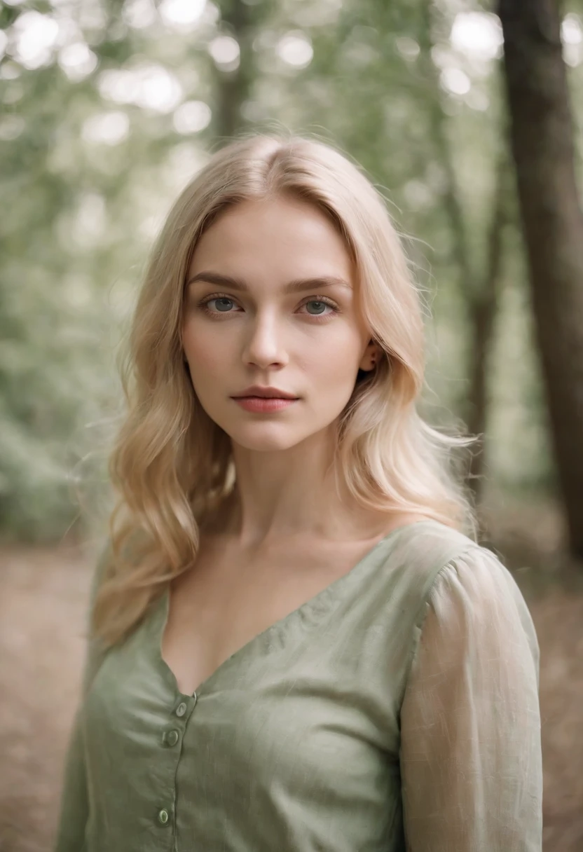 a young woman with blonde hair standing outside, in the style of poetic naturalism, zeiss planar t* 80mm f/2.8, kodak portra, uhd image, sovietwave, distinct facial features, light gray and green