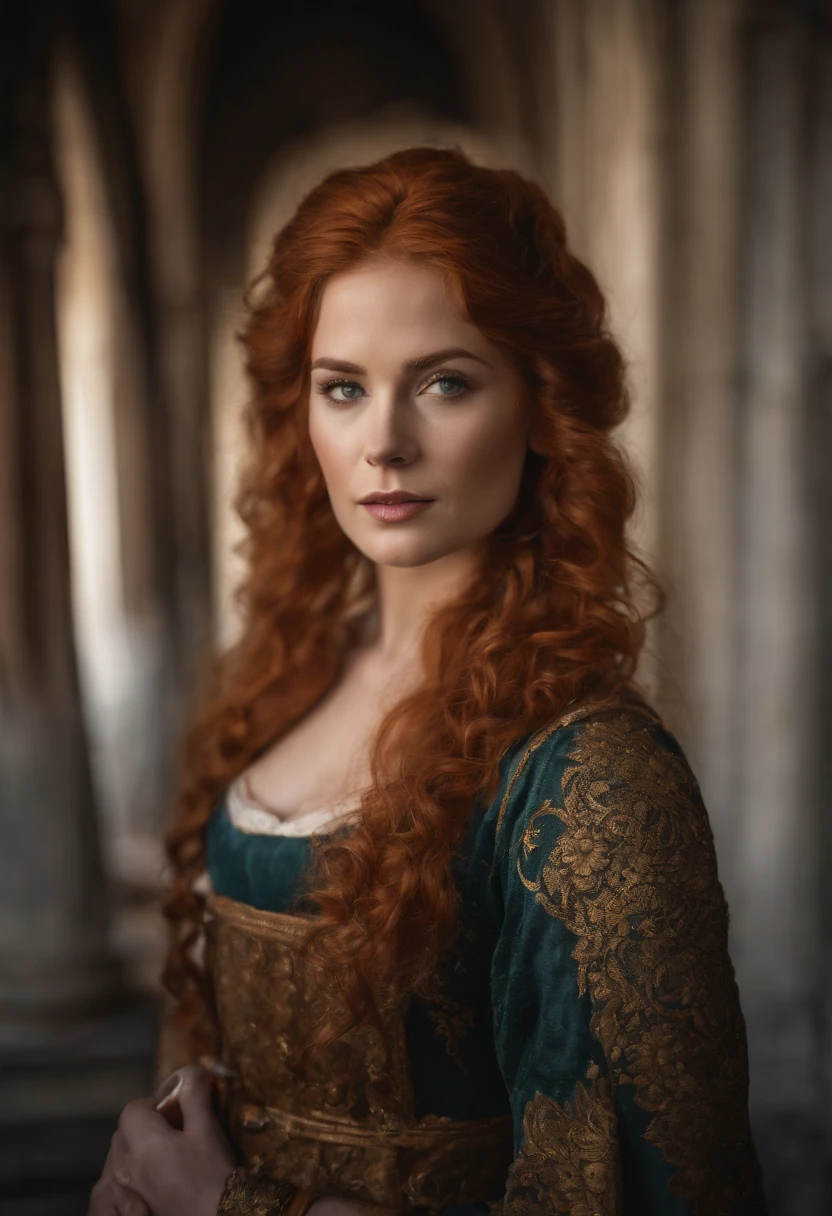 Detailed portrait of a young woman from the early 19th century, In the palace, voluminous light from large windows falls on ample breasts, red flowing hair, fox face, big eyes, photorealism, Real, light eyes
