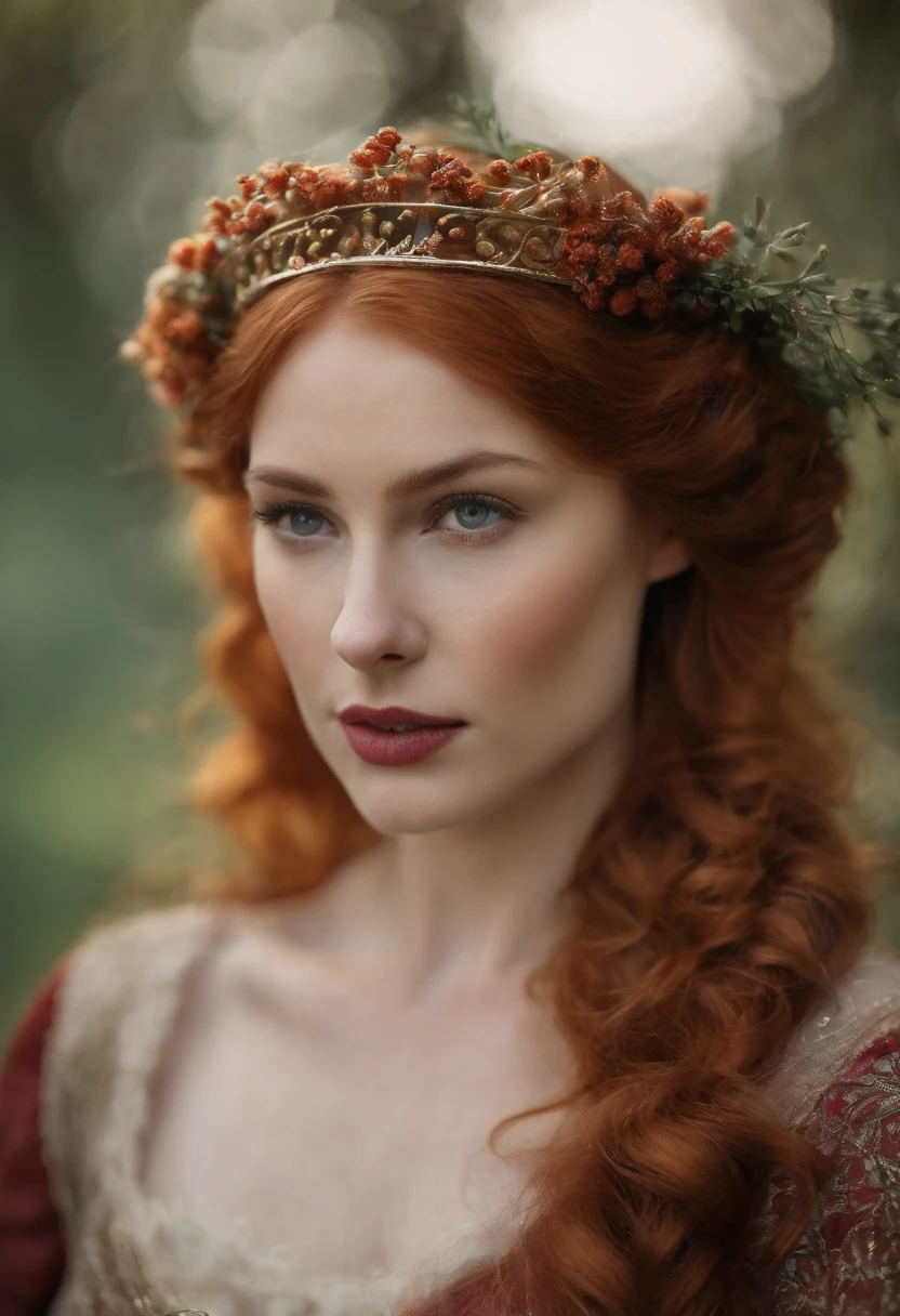 The most beautiful redhead medieval queen beautiful beauty in the world, Soaked all over, Cinematic texture, Best quality, Movie poster, Soft lighting, Warm colors,blue eyes, perfect nose, round face, straight eyebrow, full body, (big-breasted:1.5), purple dress, 8K, NVIDIA RTX, 30 years old.