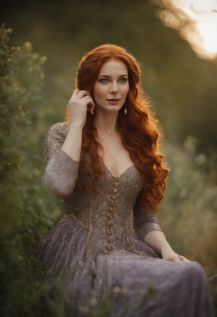 The most beautiful redhead medieval queen beautiful beauty in the world, Soaked all over, Cinematic texture, Best quality, Movie poster, Soft lighting, Warm colors,blue eyes, perfect nose, round face, straight eyebrow, full body, (big-breasted:1.5), purple dress, 8K, NVIDIA RTX, 30 years old.