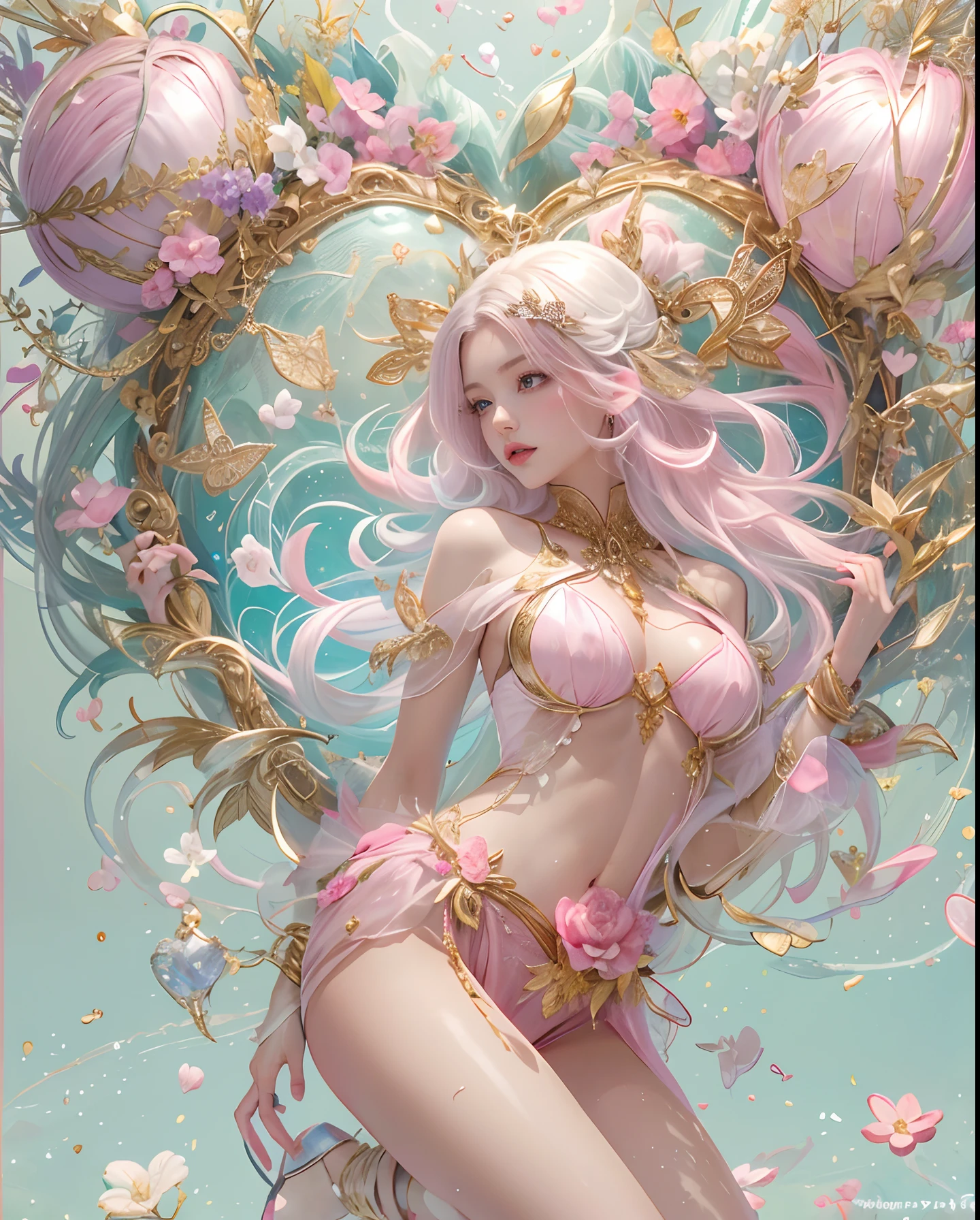 (masutepiece, of the highest quality, Best Quality, Official art, Beautiful and aesthetic:1.2), (1 Fantasy Girl), Extremely detailed, Glamorous Jewelry, long shapeless hair, (Fractal Art:1.3),Colorful,Highest detail.Express in the form of a heart、Ornaments in the form of hearts、Use a lot of heart shapes、Use a lot of heart shapes in the background、Use a lot of pink、Use a lot of flowers、Angle from above the knee、Breasts are small and B size、A slender、Cleavage is visible。Paws are thin and beautiful,the skin is white and transparent,high-heels、Gold Anklet、Inlaid with heart-shaped jewelry、Heart-shaped bokeh、