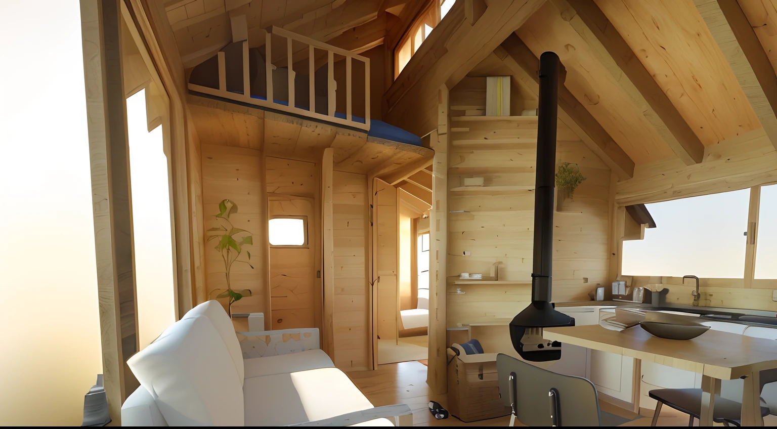 Hay una sala de estar con una mesa y sillas en ella, Interior of a small, interior, Wide plan of the interior of a cabin, Interior of a mountain hut, Inside a cabin, Interior de madera, Altamente renderizado, Renderizado detallado, cabin, Vista interior, Plano interior, Altamente renderizado!!, rendering, Light inside the cabin, pre-renderizado, Renderizado en Arnold