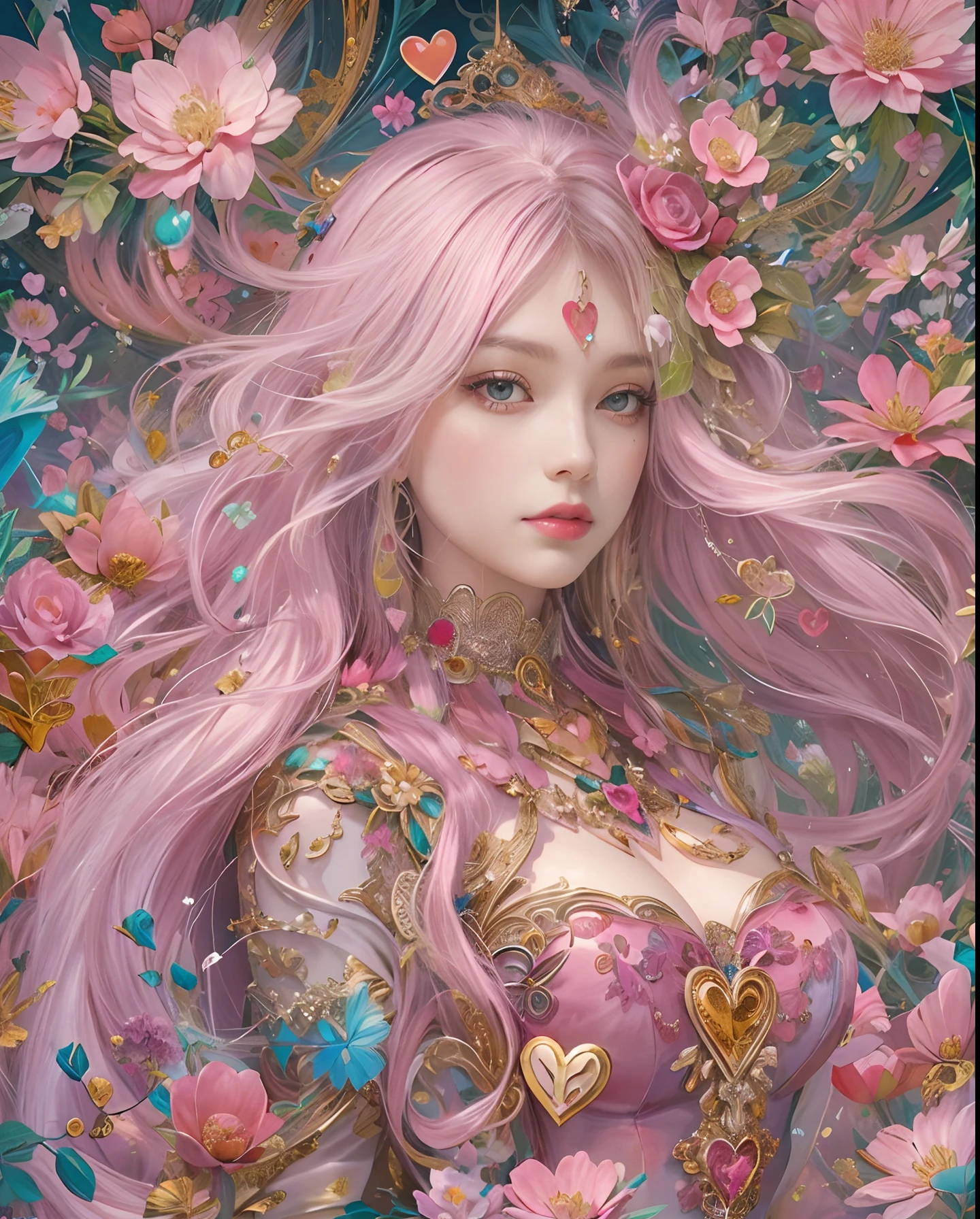(masutepiece, of the highest quality, Best Quality, Official art, Beautiful and aesthetic:1.2), (1 Fantasy Girl), Extremely detailed, Glamorous Jewelry, long shapeless hair, (Fractal Art:1.3),Colorful,Highest detail.Express in the form of a heart、Ornaments in the form of hearts、Use a lot of heart shapes、Use a lot of heart shapes in the background、Use a lot of pink、Use a lot of flowers
