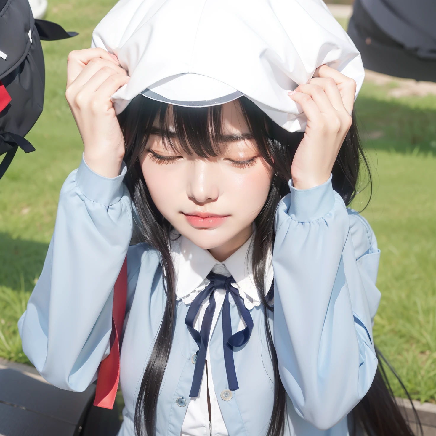 1 girl, named Yukino Yukinoshita from the anime (Yahari Ore no Seishun Love Comedy wa Machigatteiru), has long black hair, wears a white hat, thick eyebrows, long eyelashes, closed eyes, sharp nose, red lips, blushing face, wearing clothes long white shirt, wearing a bra, medium chest size, long sweeter, ribbon style tie, green garden background, and REALISTIC HD