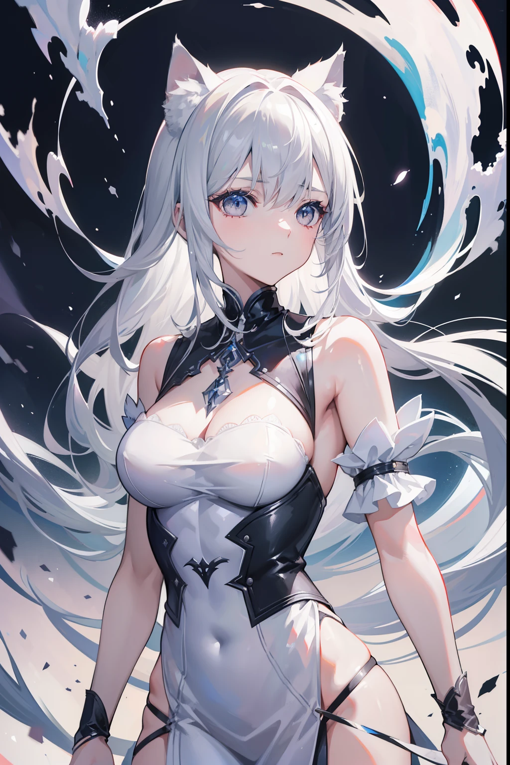 (Masterpiece, Best quality, high resolution: 1.2), 1 girl, Solo, double tails, With gray eyes, Upper body, dress, Silver hair, Cat ears,Thunder,Style Artgerm, Full body detail 4K,Dreamlike,and its detailed full-body detail 4K