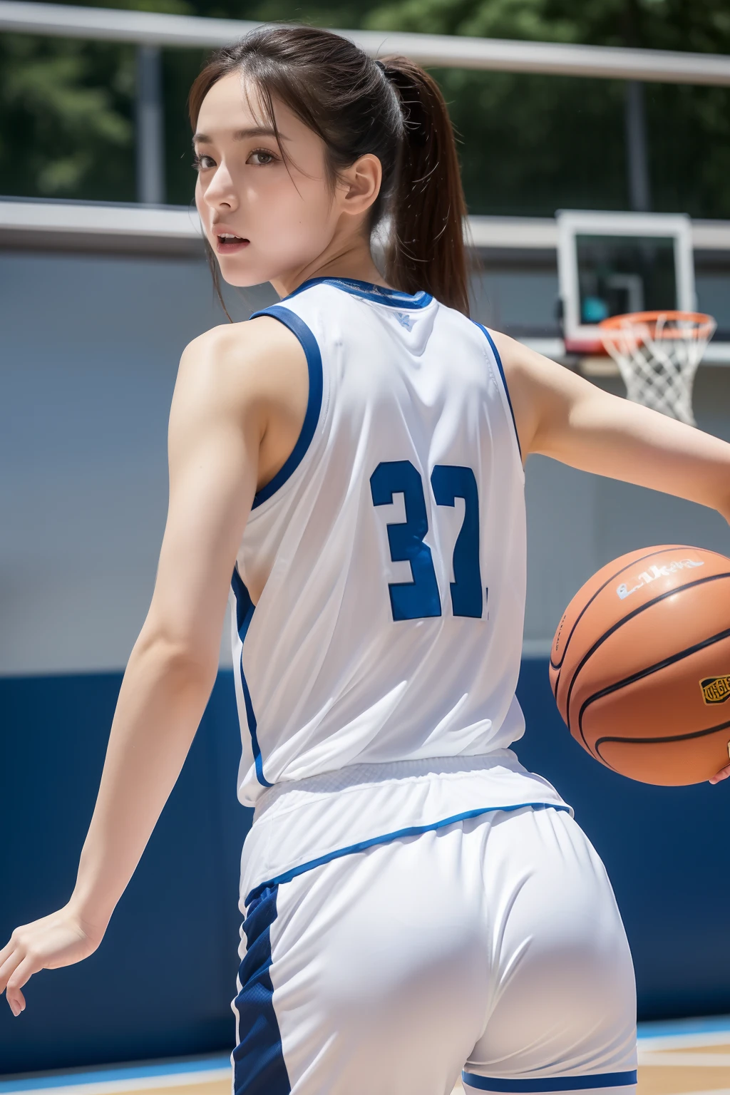 (top-quality、8K picture quality、masterpiece:1.3)、1girl in、独奏、The most beautiful girl in Japan, High-definition face、the golden ratio、Healthy beauty、Basketball player、serious facial expression、blush、(cleavage of the breast)、(facing back)、(Tight buttocks:1.4)、(abdominals)、((Fit and tight white basketball uniform、Supple and thin fabric))、(Playing Basketball、On the basketball court)、Outdoor Basketball Stadium
